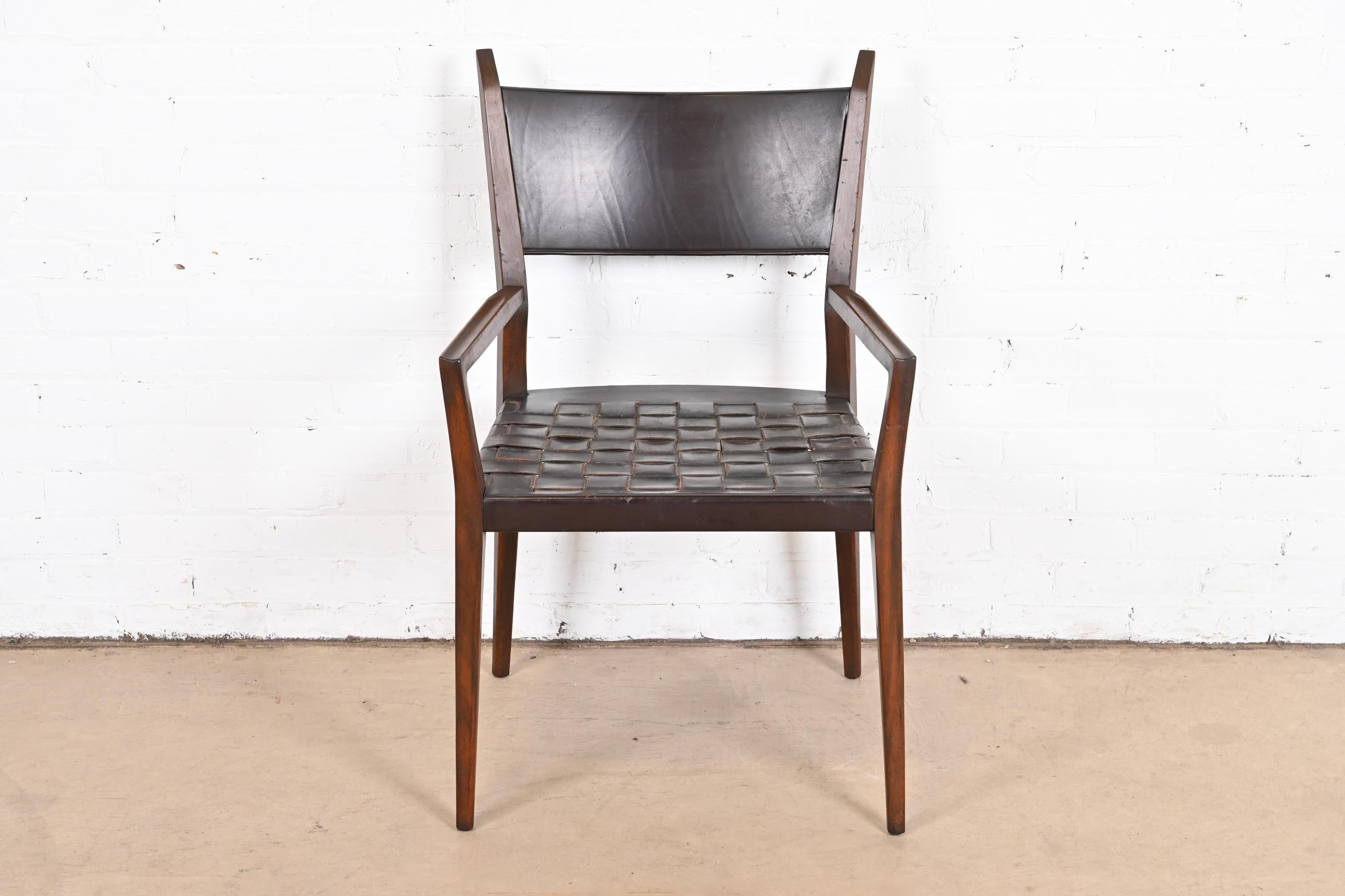 Mid-Century Modern Paul McCobb for Directional Irwin Collection Mahogany and Woven Leather Armchair For Sale