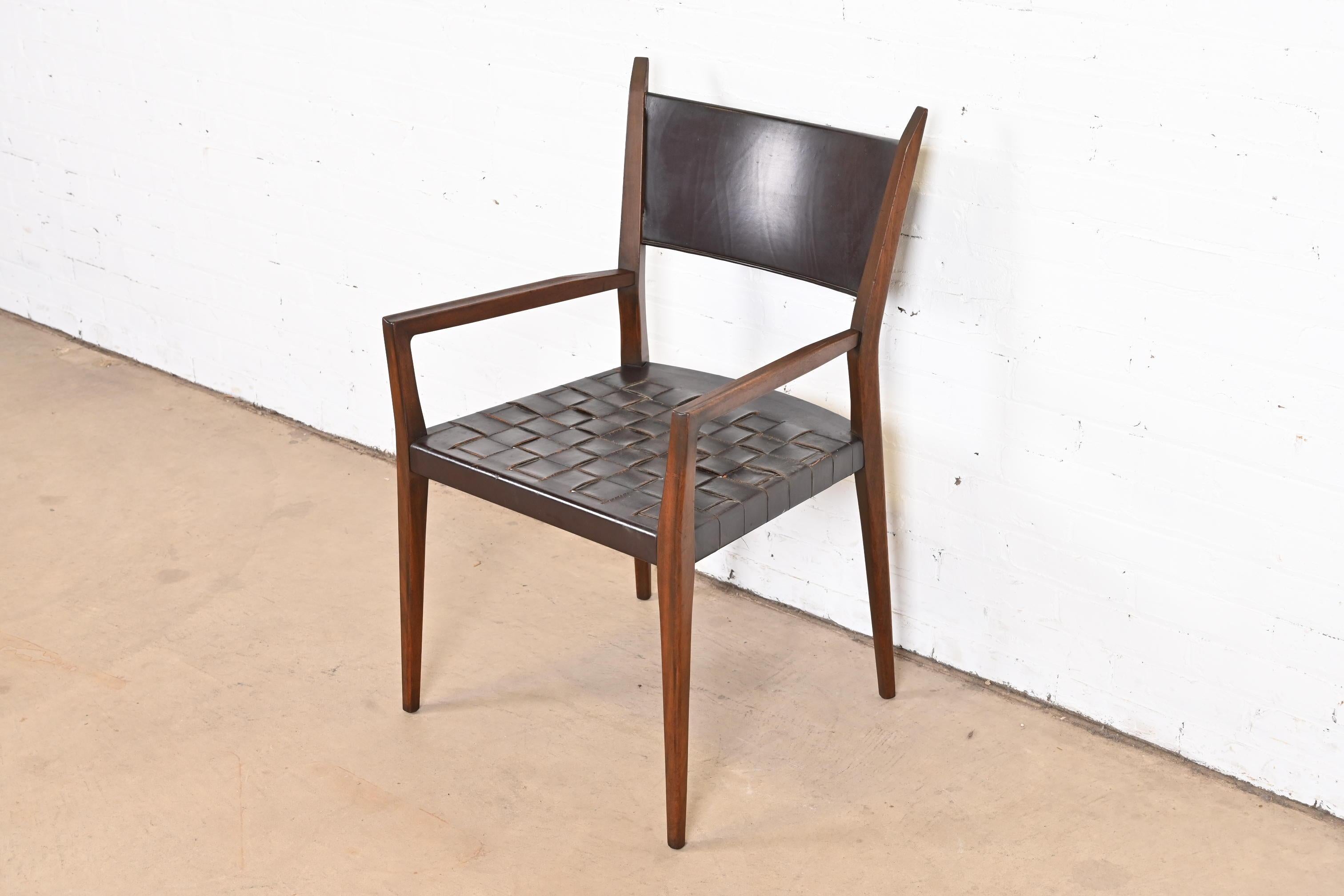 Paul McCobb for Directional Irwin Collection Mahogany and Woven Leather Armchair In Good Condition For Sale In South Bend, IN