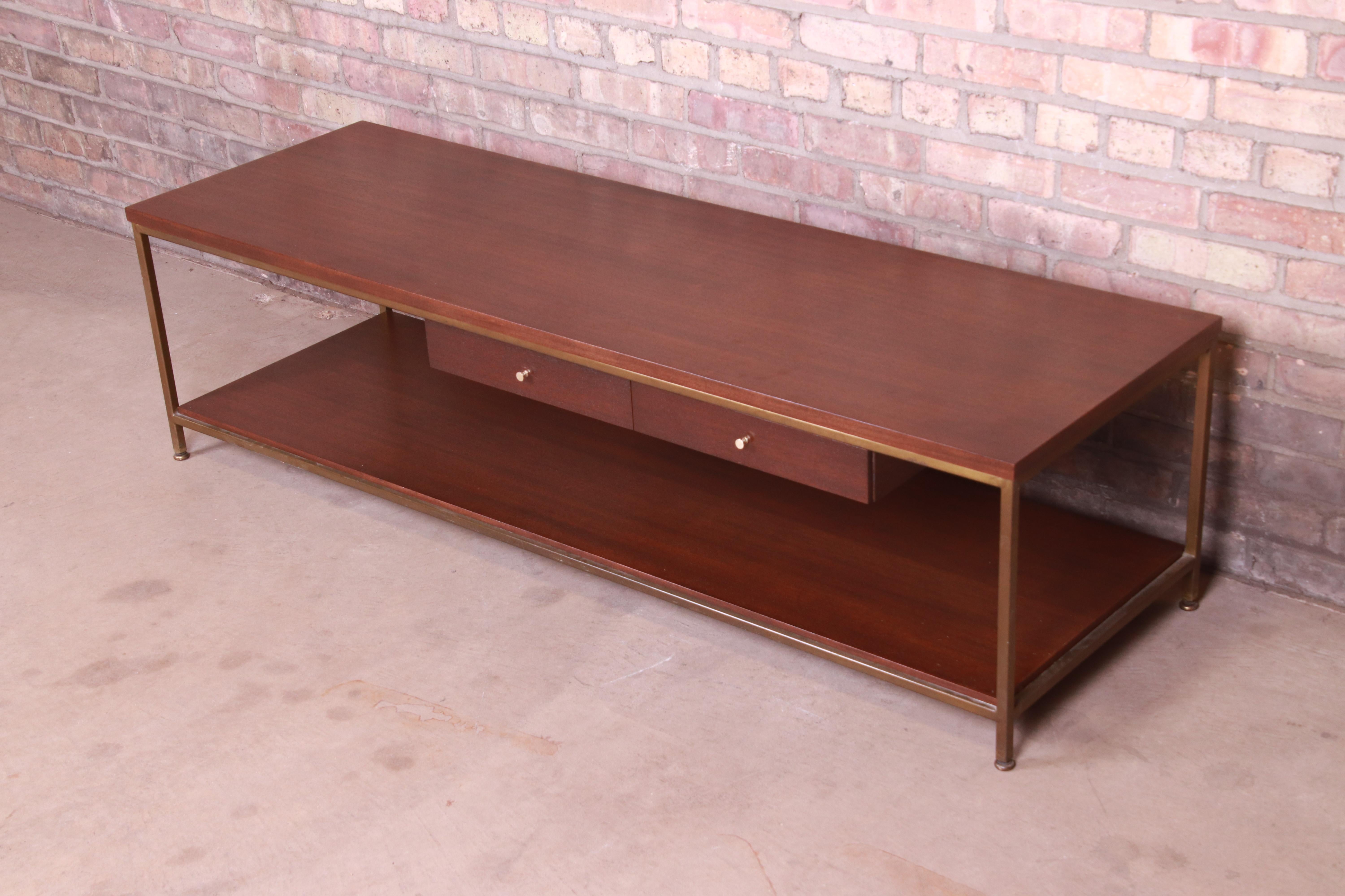 American Paul McCobb for Directional Mahogany and Brass Coffee Table, Newly Refinished