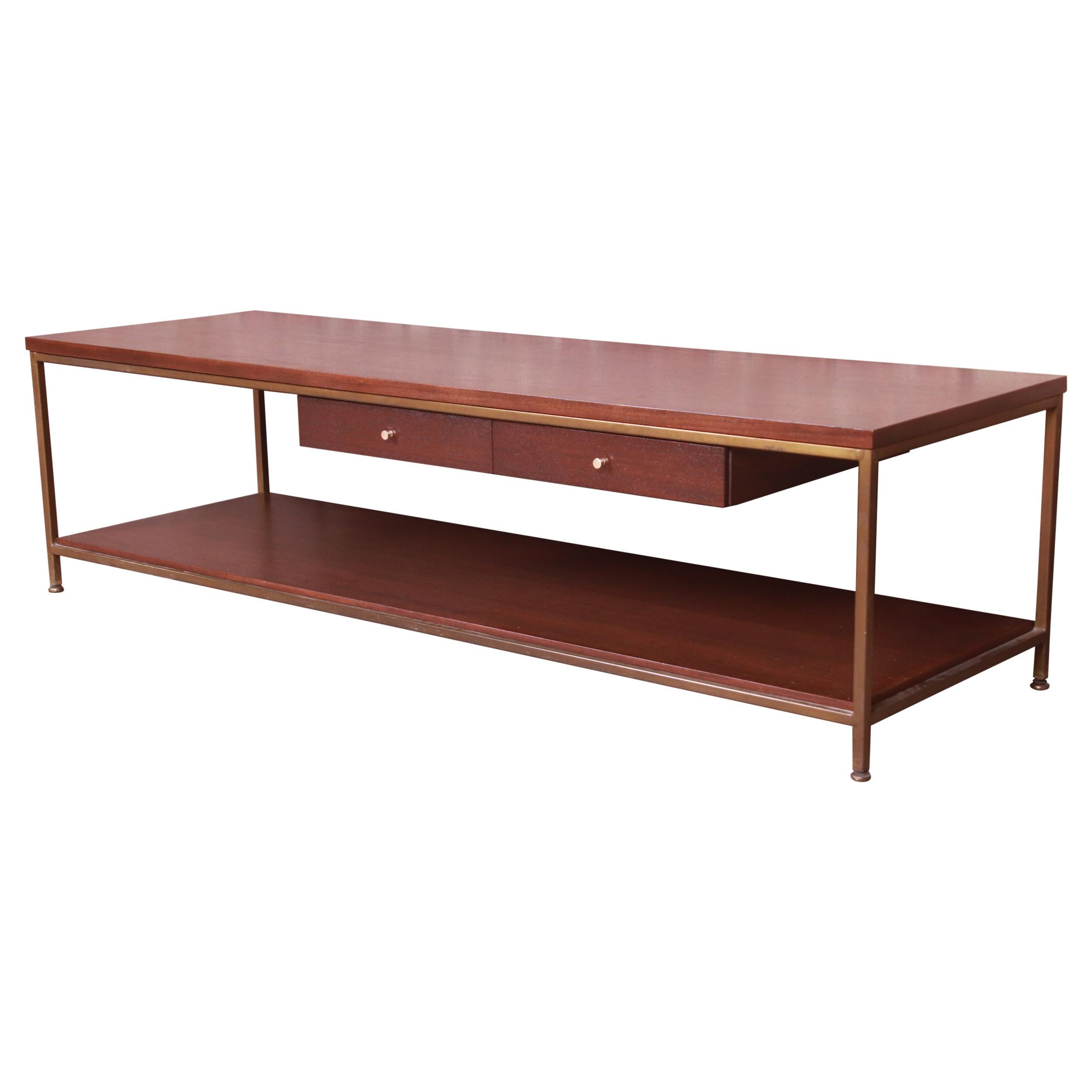 Paul McCobb for Directional Mahogany and Brass Coffee Table, Newly Refinished