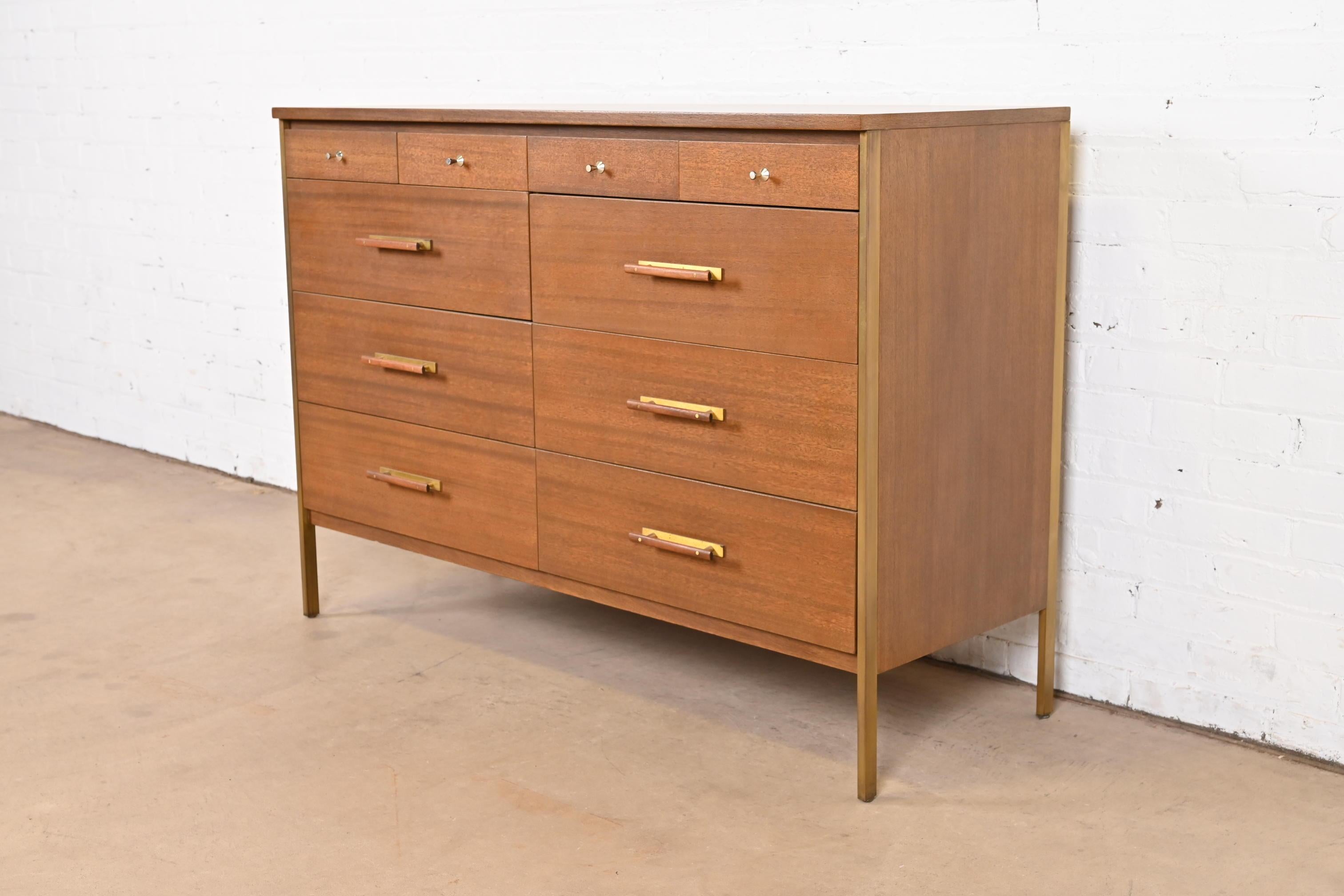 American Paul McCobb for Directional Mahogany and Brass Ten-Drawer Dresser, Refinished For Sale