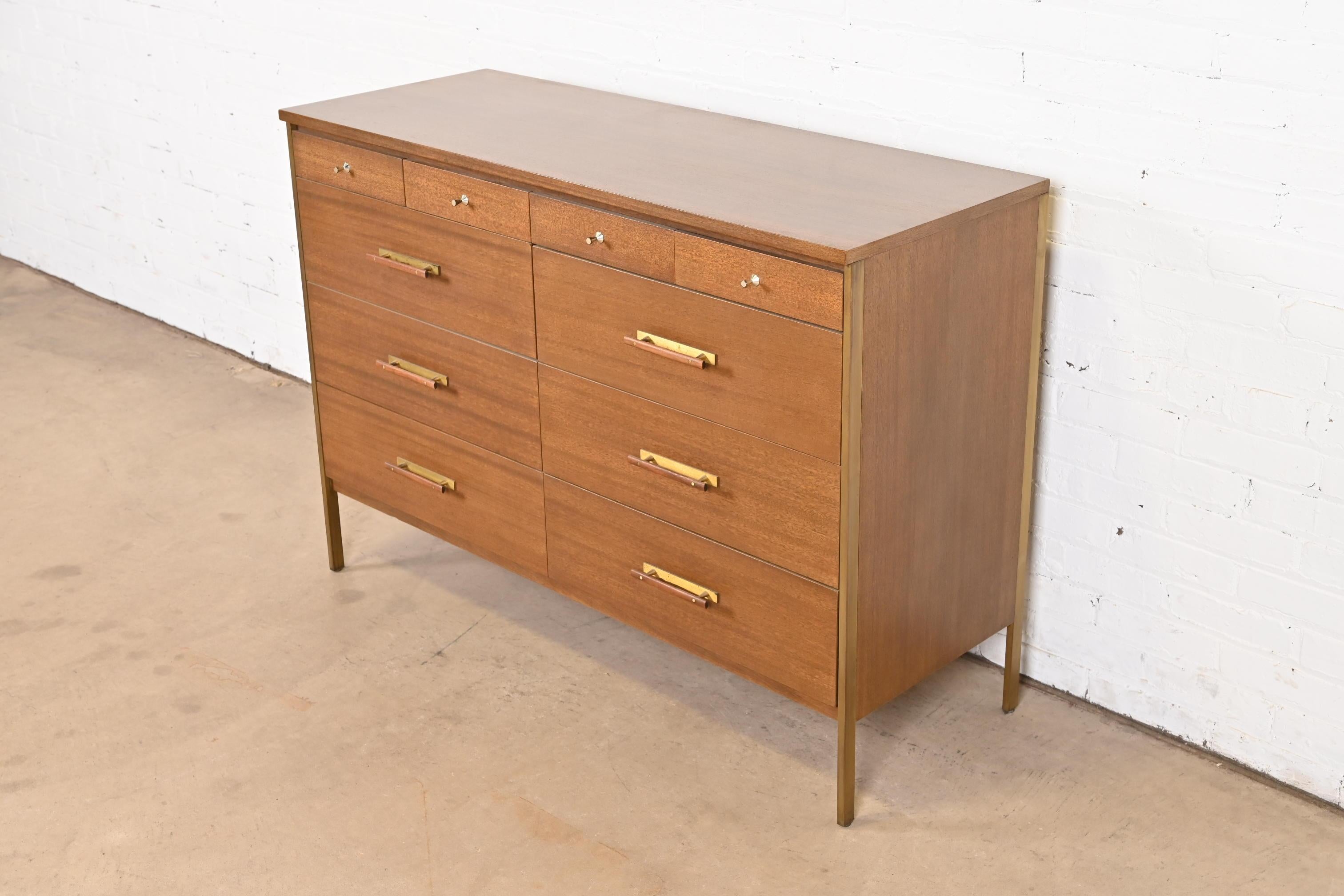 Paul McCobb for Directional Mahogany and Brass Ten-Drawer Dresser, Refinished In Good Condition For Sale In South Bend, IN