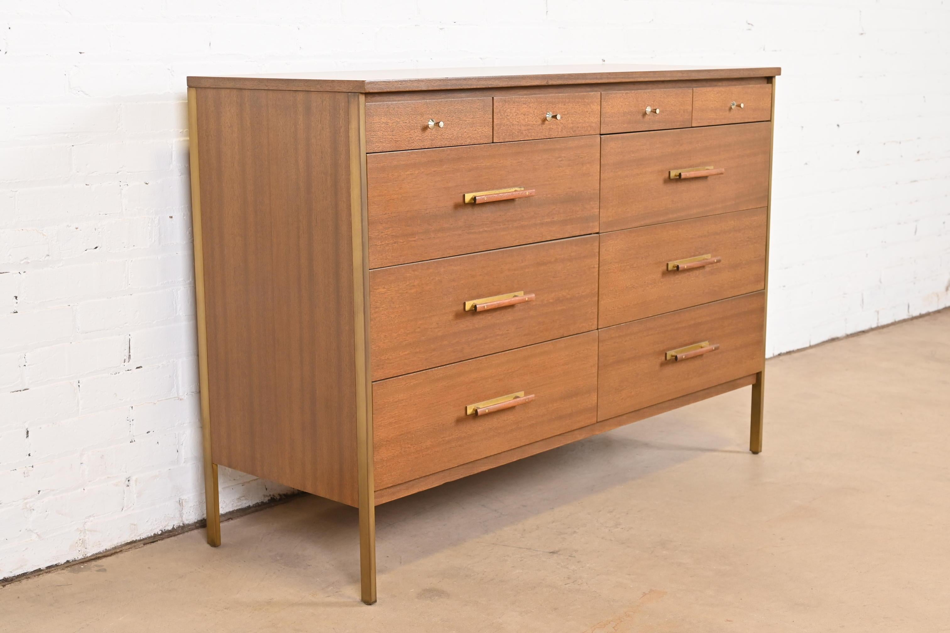Mid-20th Century Paul McCobb for Directional Mahogany and Brass Ten-Drawer Dresser, Refinished For Sale