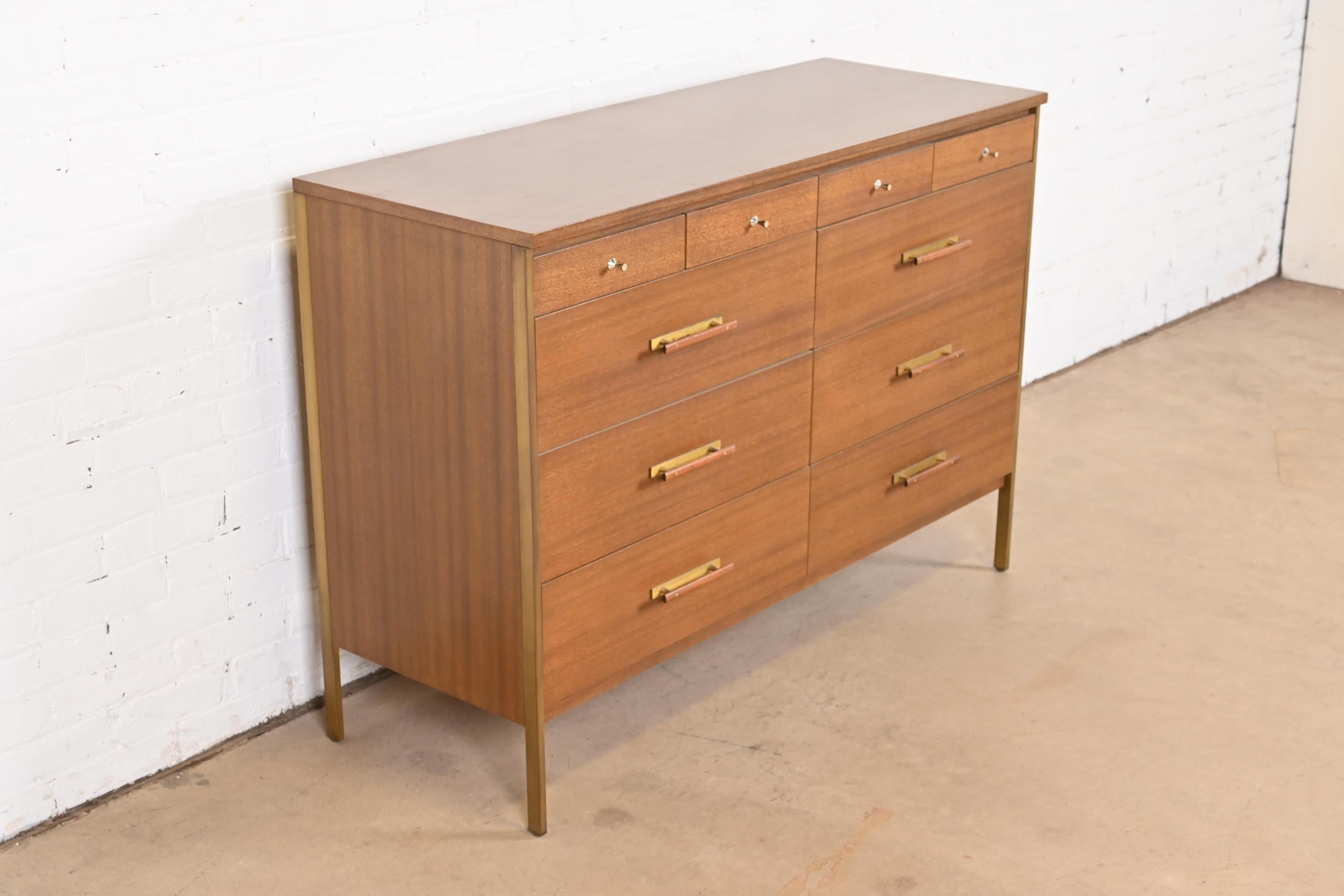 Paul McCobb for Directional Mahogany and Brass Ten-Drawer Dresser, Refinished For Sale 1