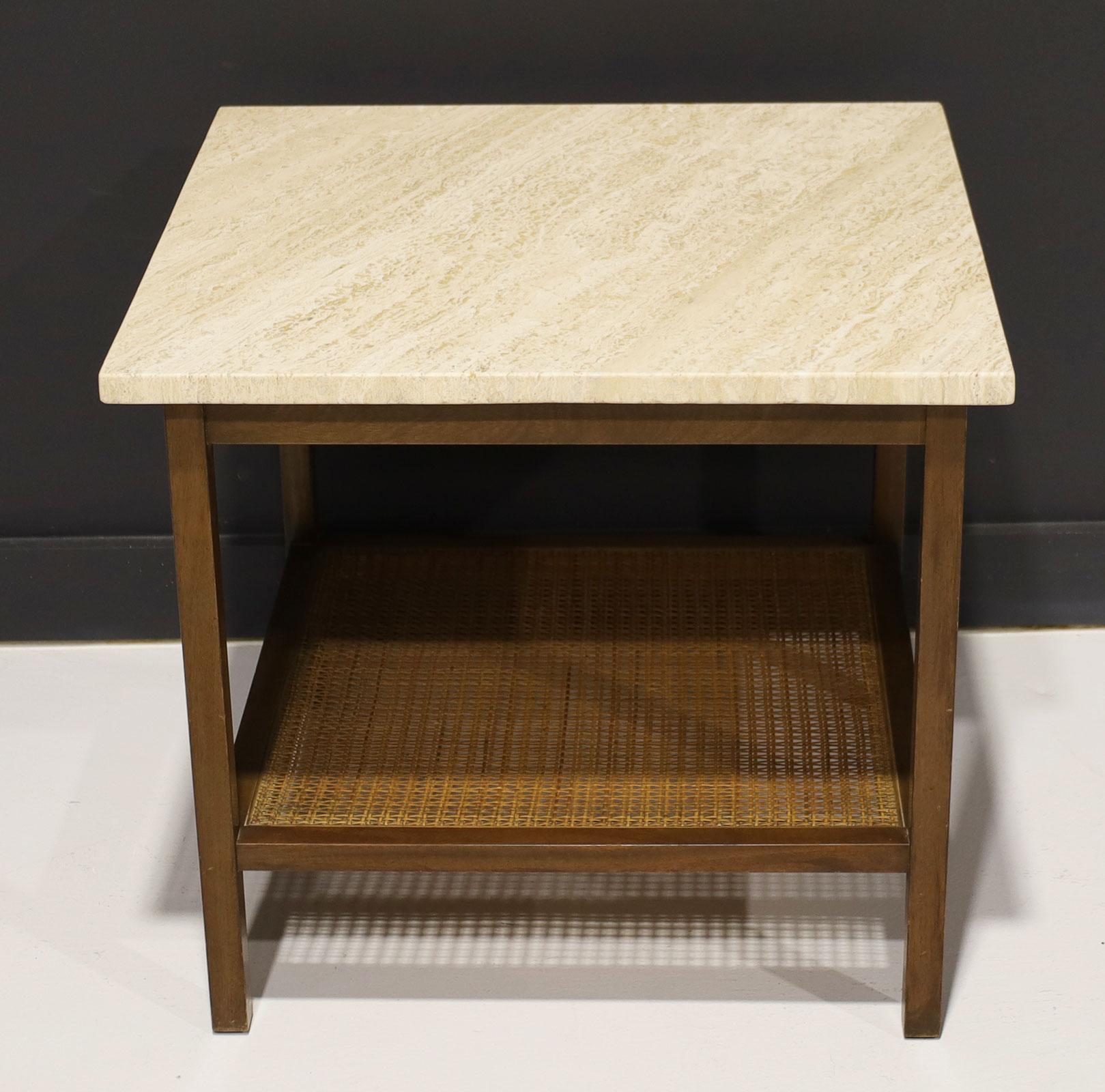 Paul McCobb for Directional mid-century side or end table with travertine top. Cane shelf.