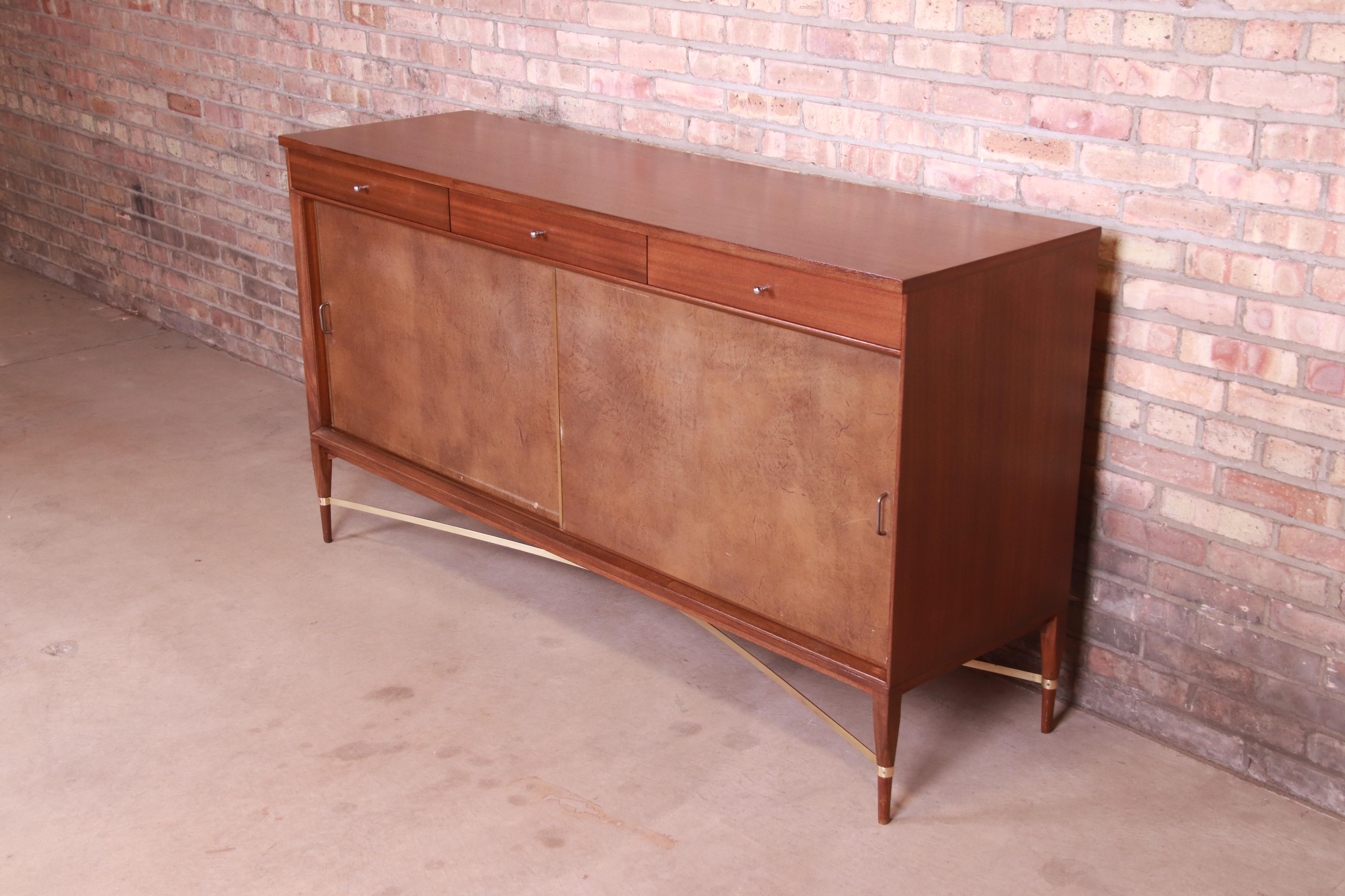 Mid-Century Modern Paul McCobb for Directional Mahogany, Brass, and Leather Credenza, Refinished