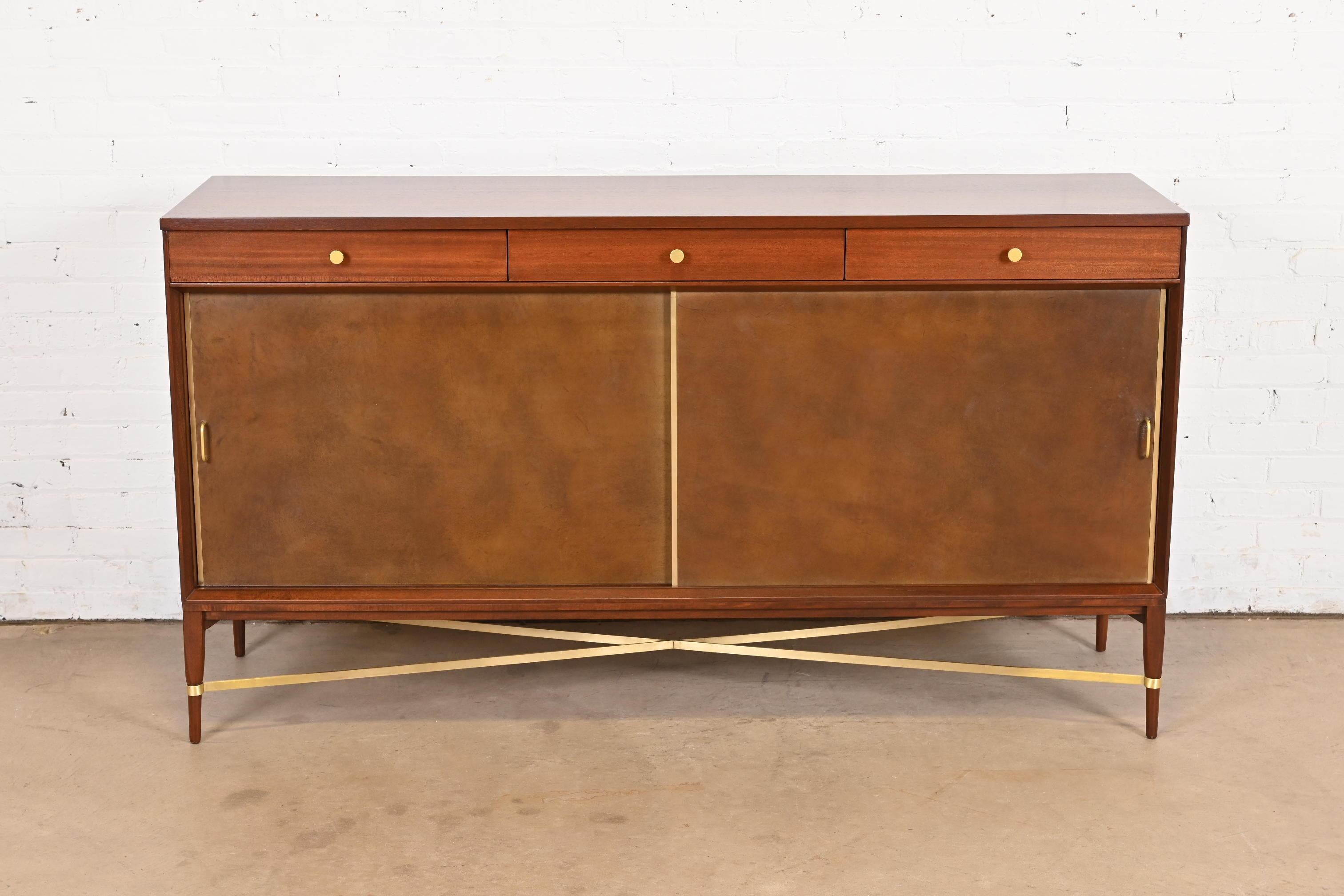 Mid-Century Modern Paul McCobb for Directional Mahogany, Brass, and Leather Credenza, Refinished For Sale