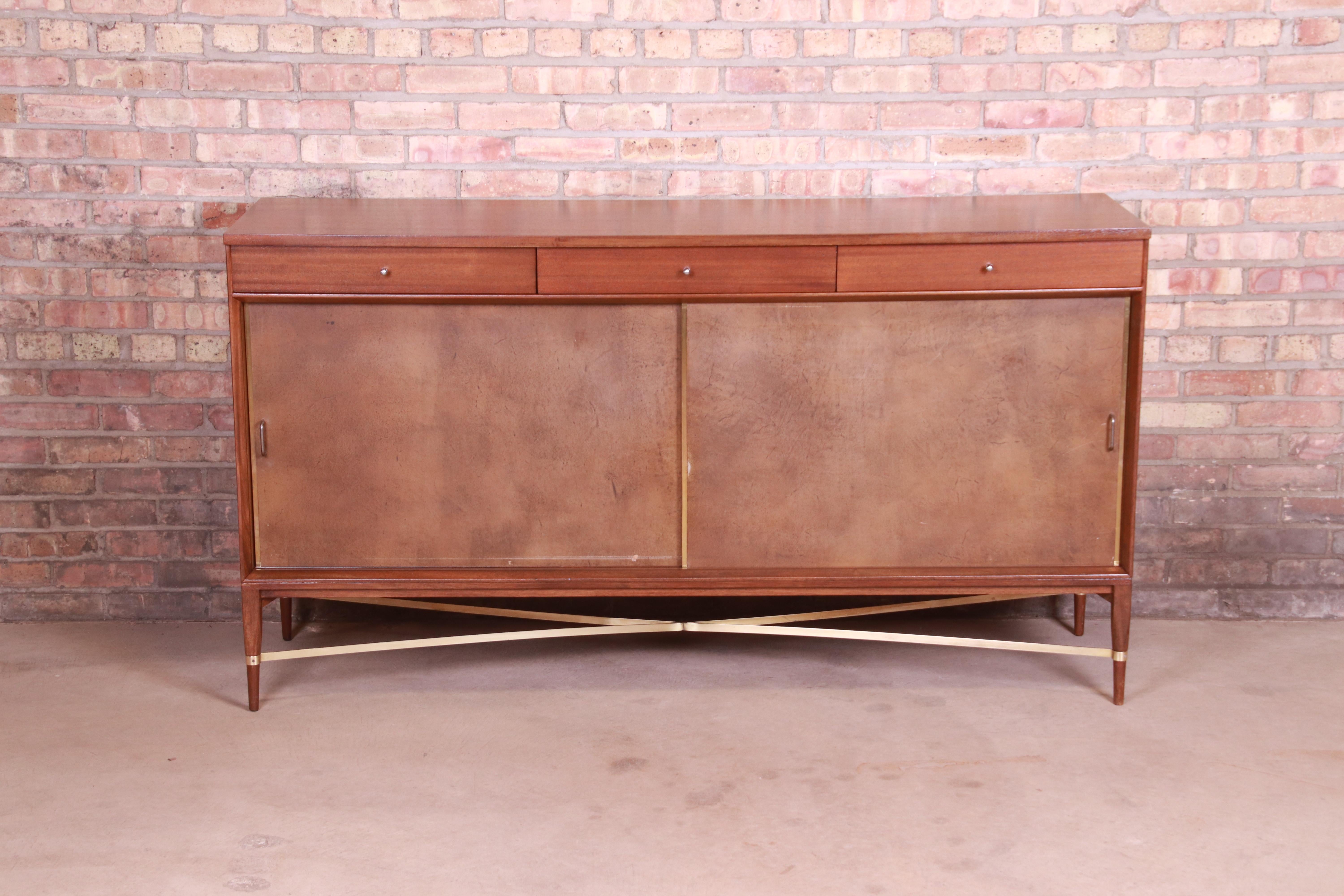 American Paul McCobb for Directional Mahogany, Brass, and Leather Credenza, Refinished