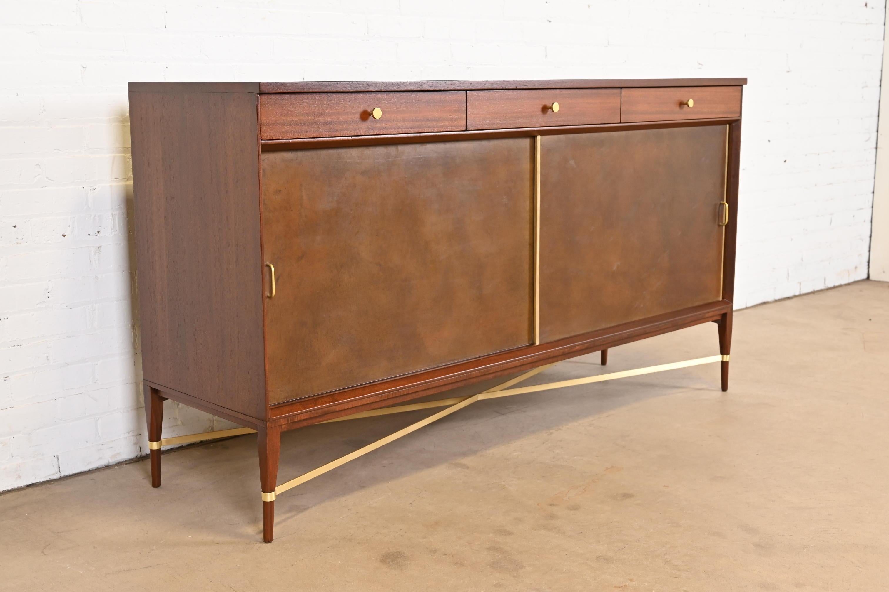 American Paul McCobb for Directional Mahogany, Brass, and Leather Credenza, Refinished For Sale
