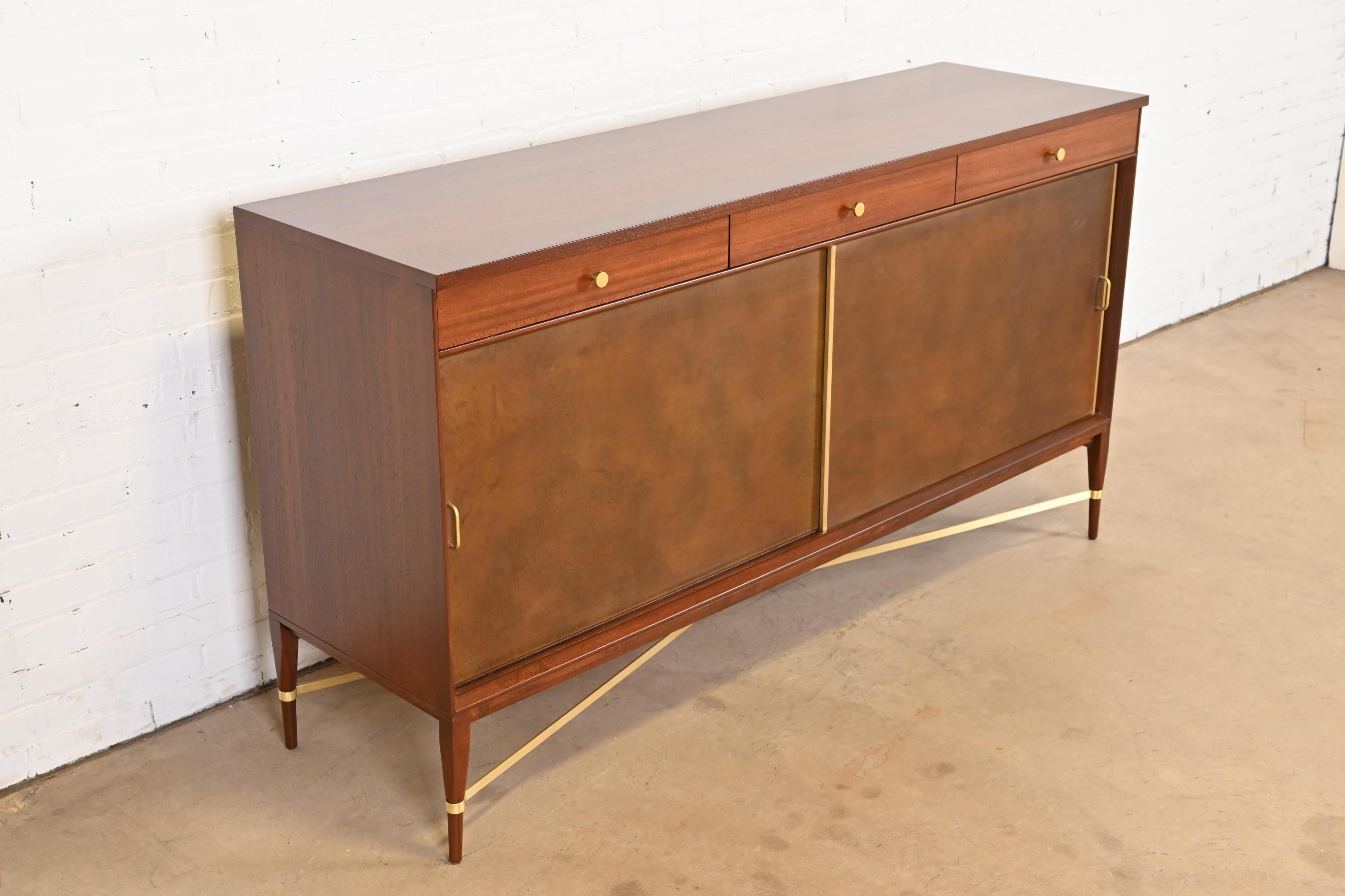 Paul McCobb for Directional Mahogany, Brass, and Leather Credenza, Refinished In Good Condition For Sale In South Bend, IN