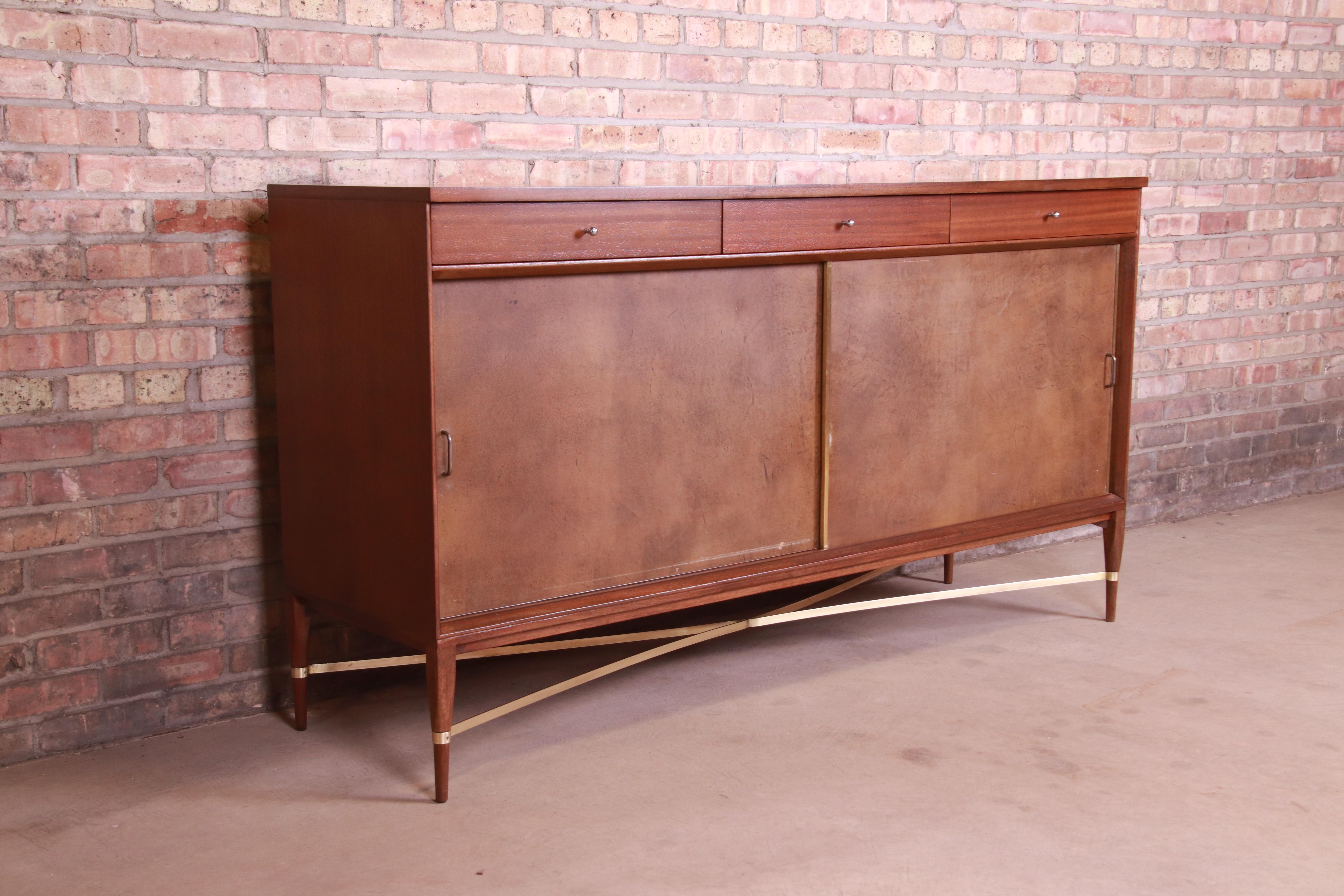 Mid-20th Century Paul McCobb for Directional Mahogany, Brass, and Leather Credenza, Refinished