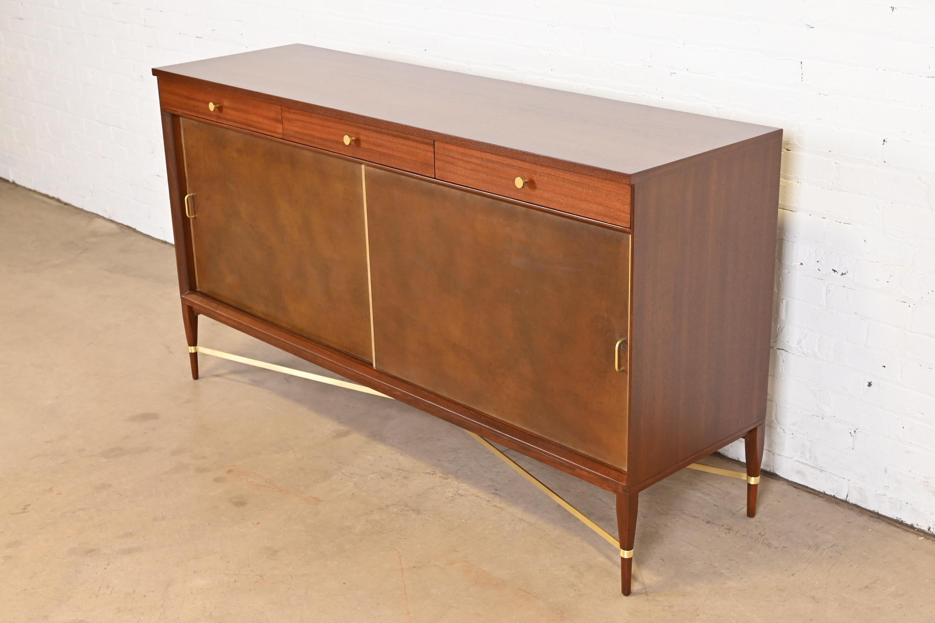 Mid-20th Century Paul McCobb for Directional Mahogany, Brass, and Leather Credenza, Refinished For Sale