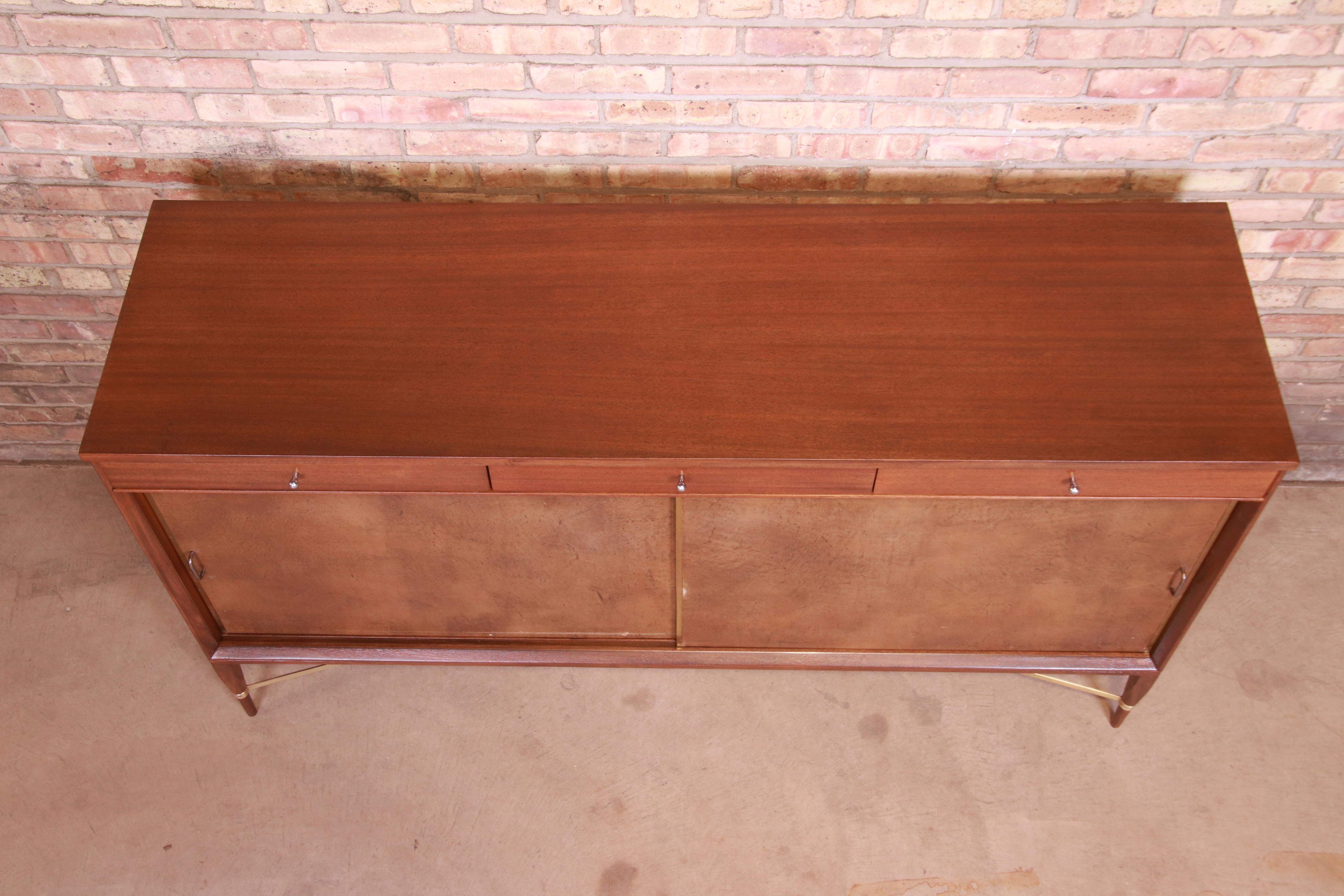 Paul McCobb for Directional Mahogany, Brass, and Leather Credenza, Refinished 1