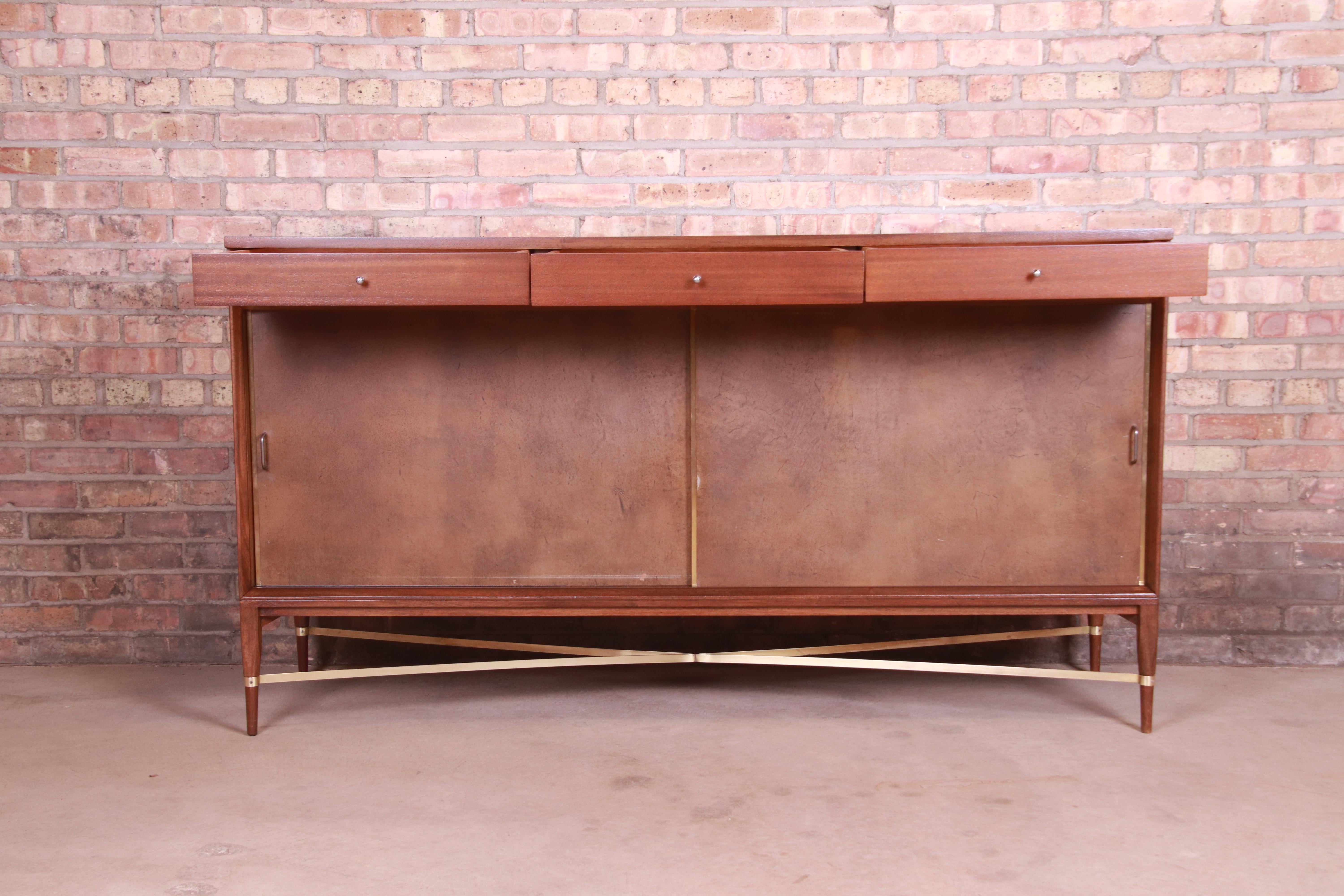 Paul McCobb for Directional Mahogany, Brass, and Leather Credenza, Refinished 2