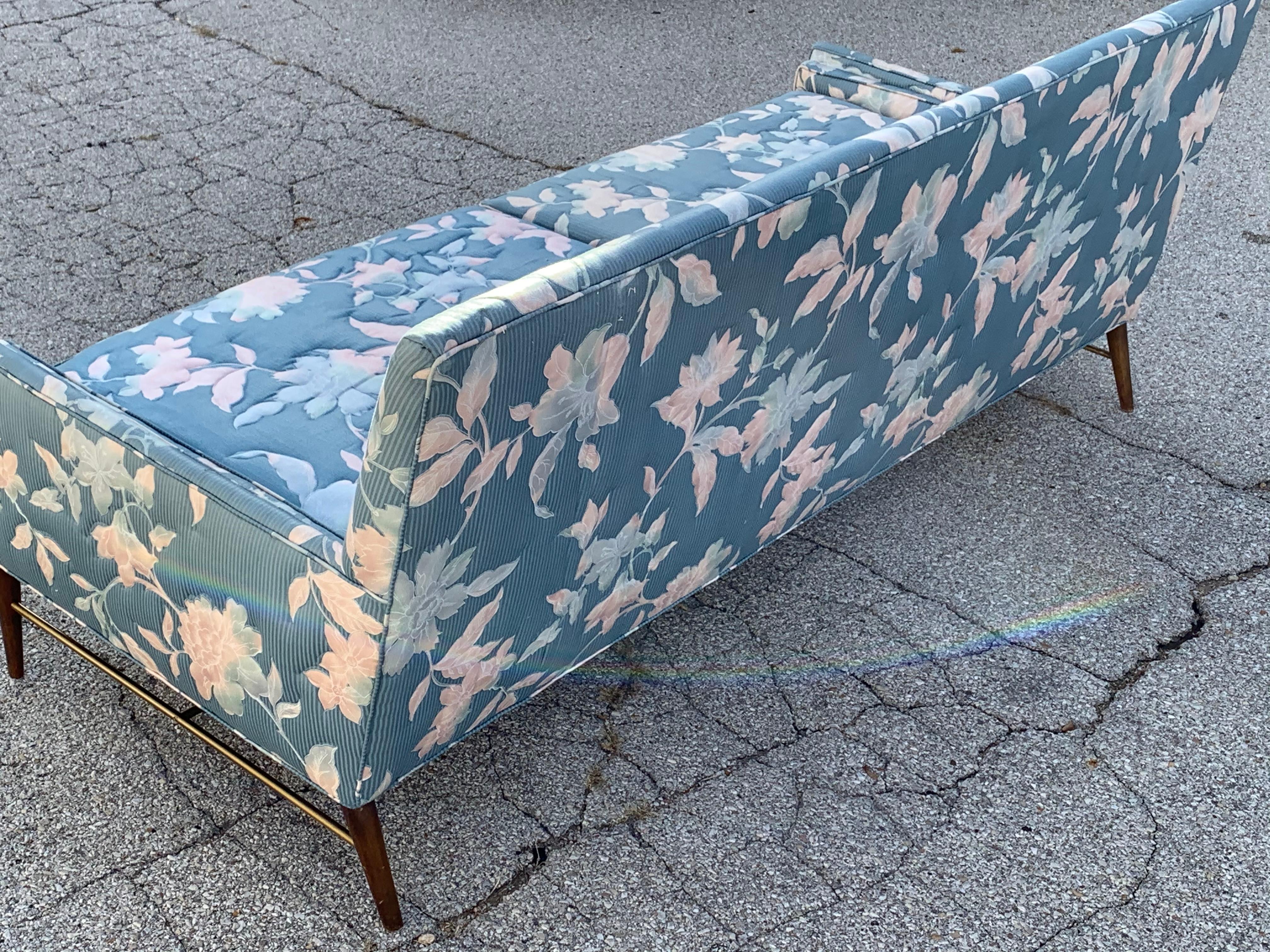 Upholstery  Paul McCobb for Directional Mid-Century Modern Sofa with Brass Cross Stretcher For Sale
