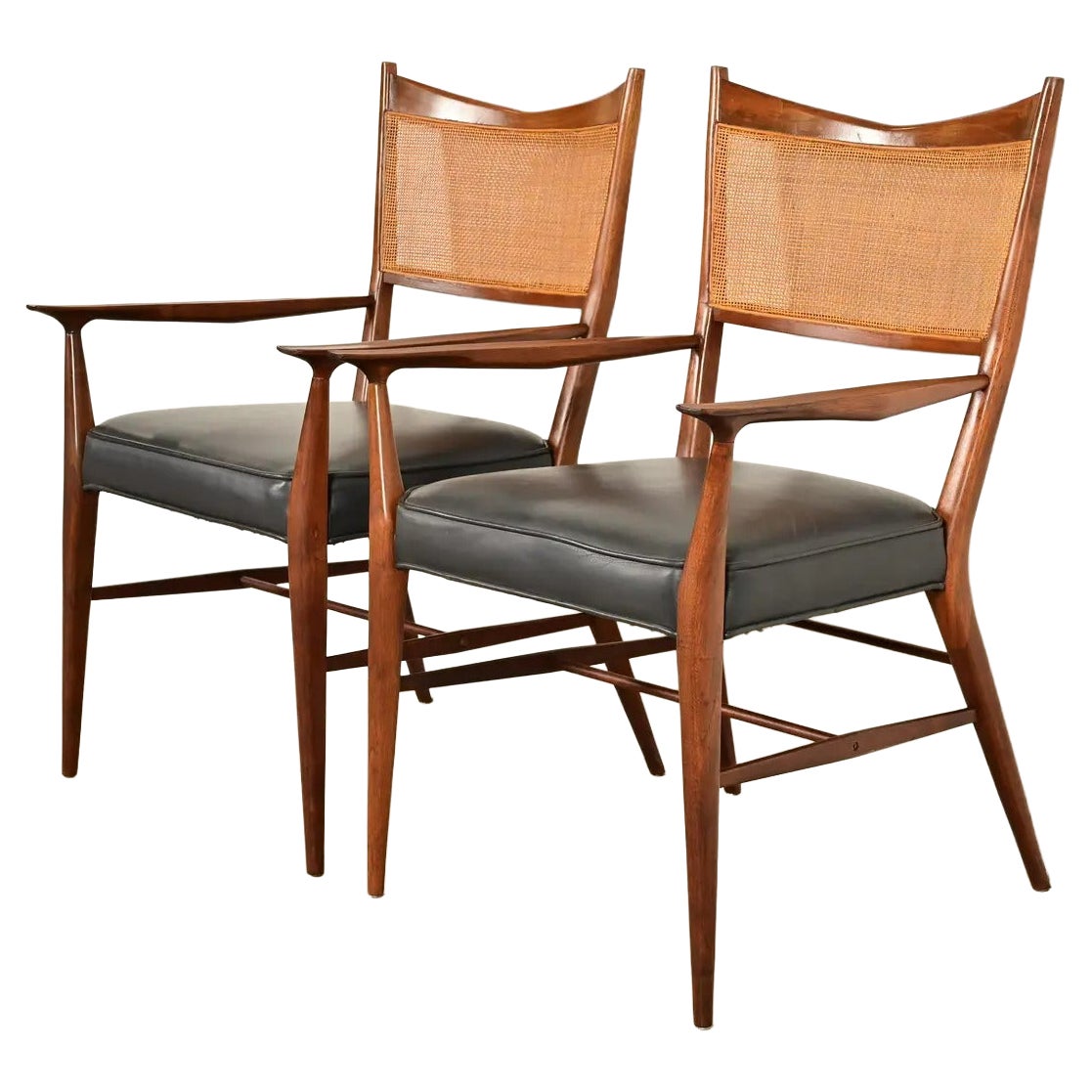 Paul McCobb for Directional Mid-Century Modern Walnut Cane Back Armchairs, Pair