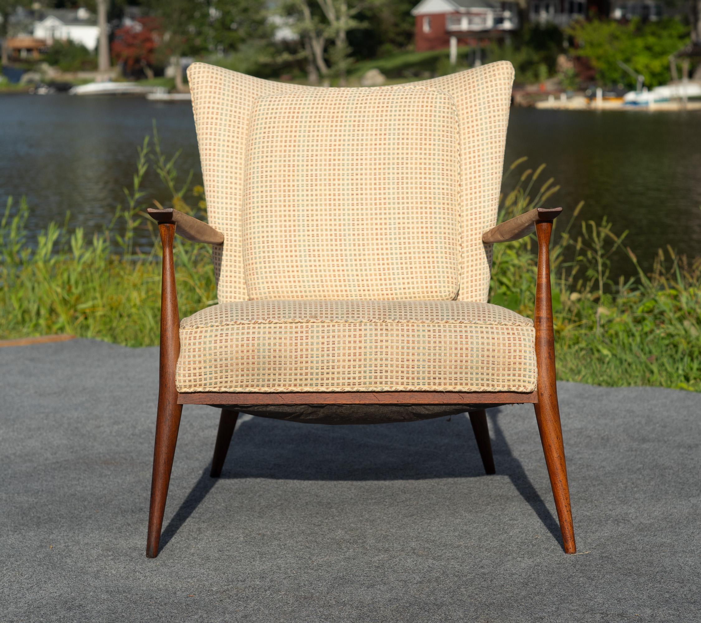 Carved Paul McCobb for Directional Model 1321 Lounge Chair in Walnut & Light Upholstery For Sale