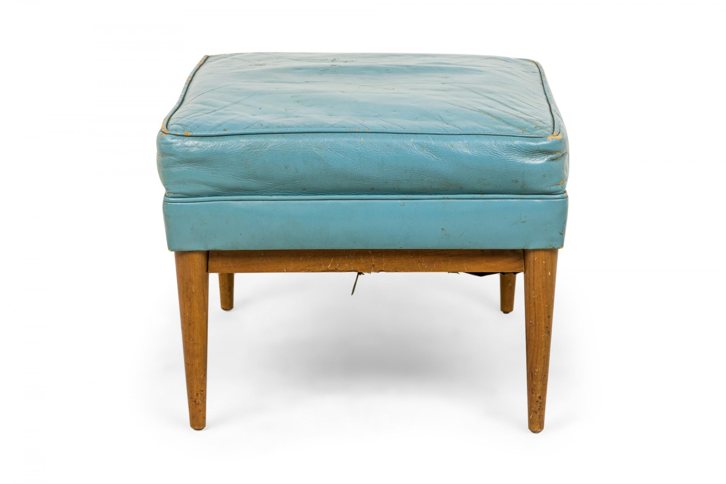 Mid-Century Modern Paul McCobb for Directional Rectangular Blue Leather and Walnut Ottoman For Sale