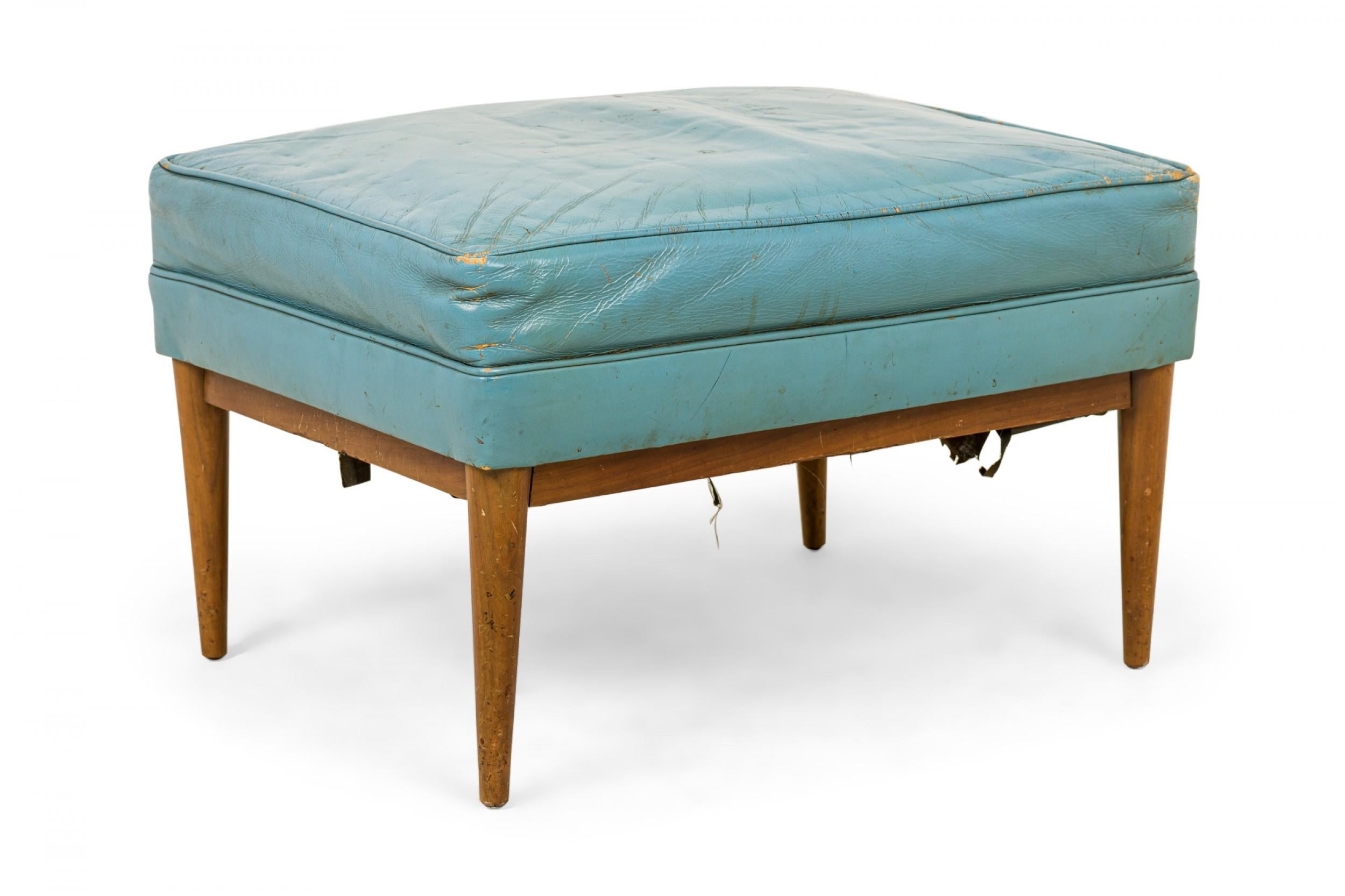 American Paul McCobb for Directional Rectangular Blue Leather and Walnut Ottoman For Sale