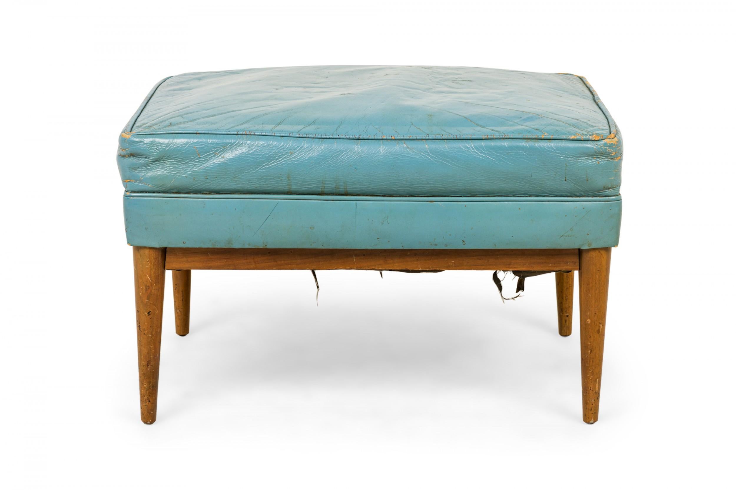 Paul McCobb for Directional Rectangular Blue Leather and Walnut Ottoman In Good Condition For Sale In New York, NY