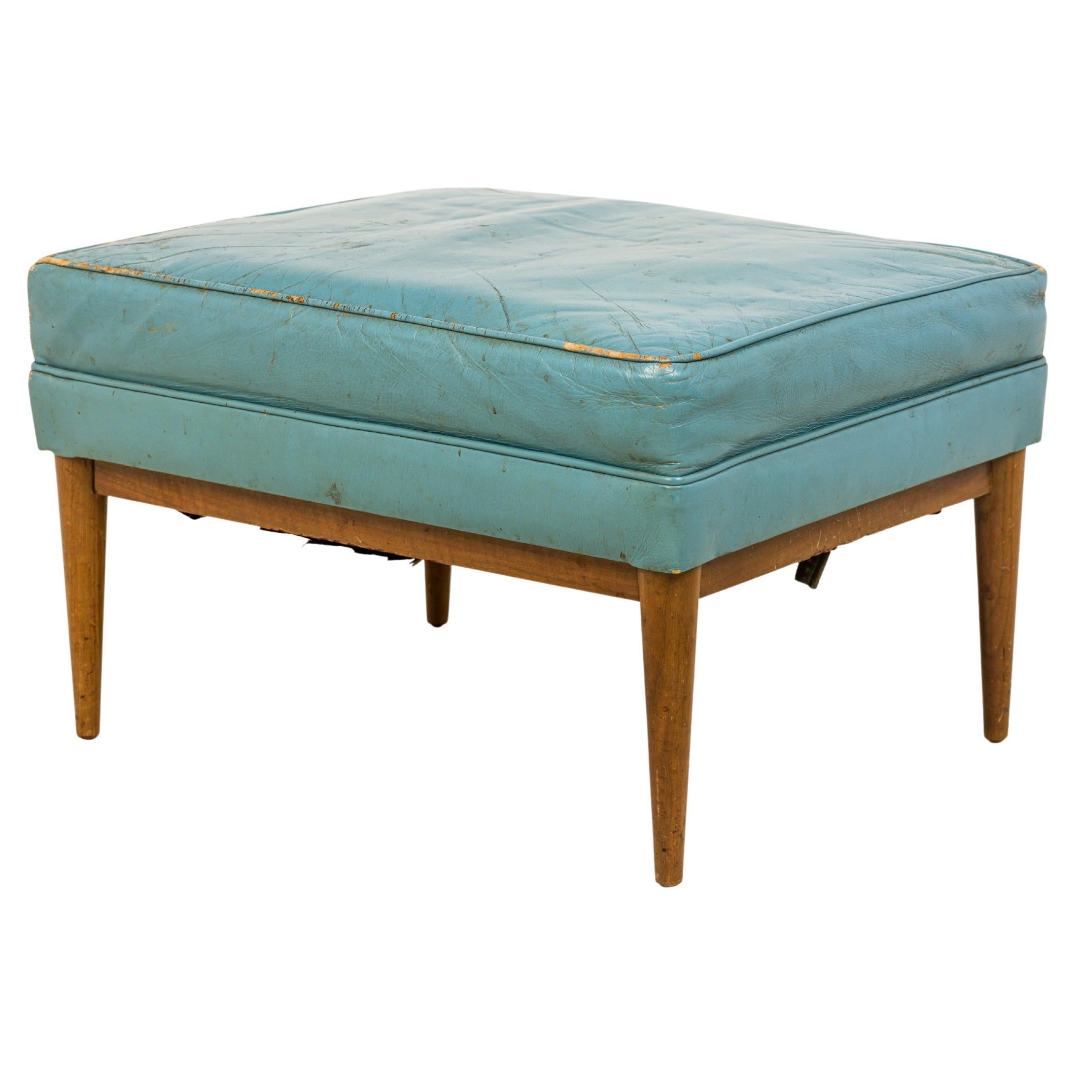 Paul McCobb for Directional Rectangular Blue Leather and Walnut Ottoman