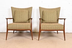 Paul McCobb for Directional Sculpted Walnut and Upholstered Lounge Chairs, Pair
