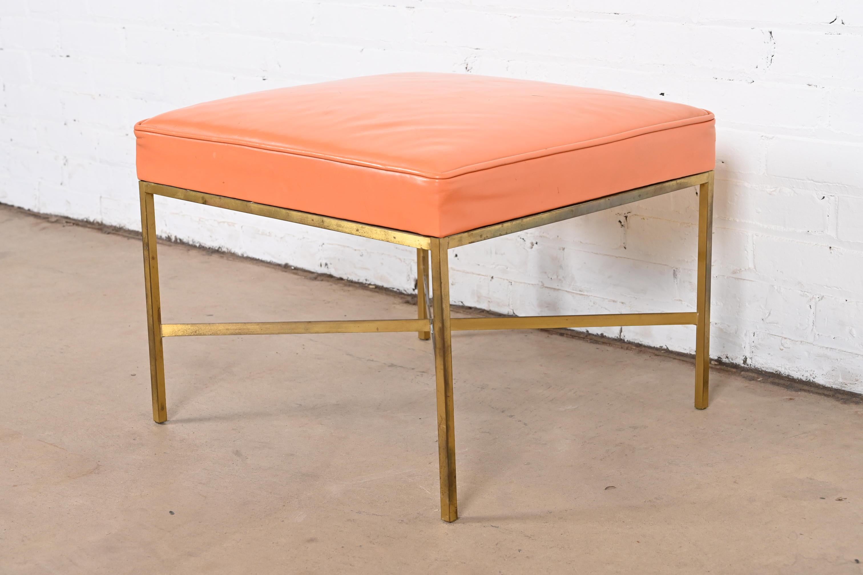 American Paul McCobb for Directional X-Base Brass and Upholstered Stool or Ottoman, 1950s For Sale