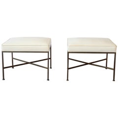 Paul McCobb for Directional X-Base Brass and Upholstered Stools or Benches, Pair