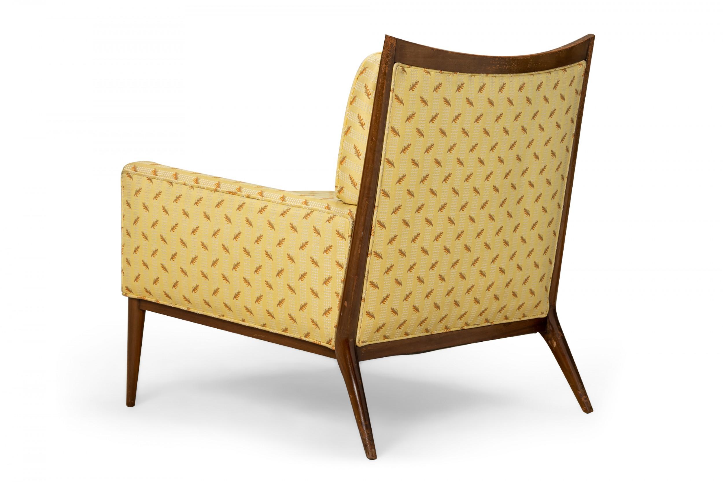 American Paul McCobb for Directional Yellow Patterned Fabric and Walnut Lounge Armchair For Sale