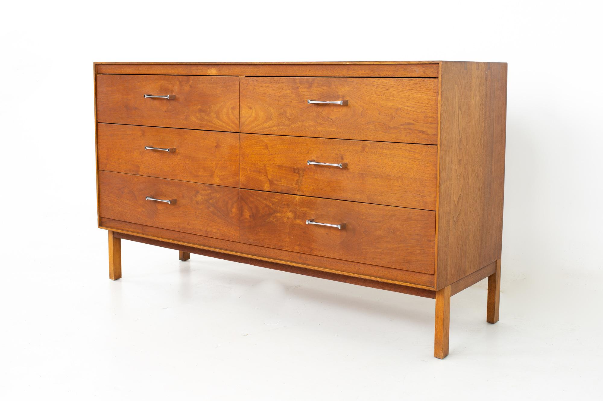 Paul McCobb for lane components mid century walnut and chrome 6 drawer lowboy dresser
Dresser measures: 54 wide x 18 deep x 32 inches high

All pieces of furniture can be had in what we call restored vintage condition. That means the piece is