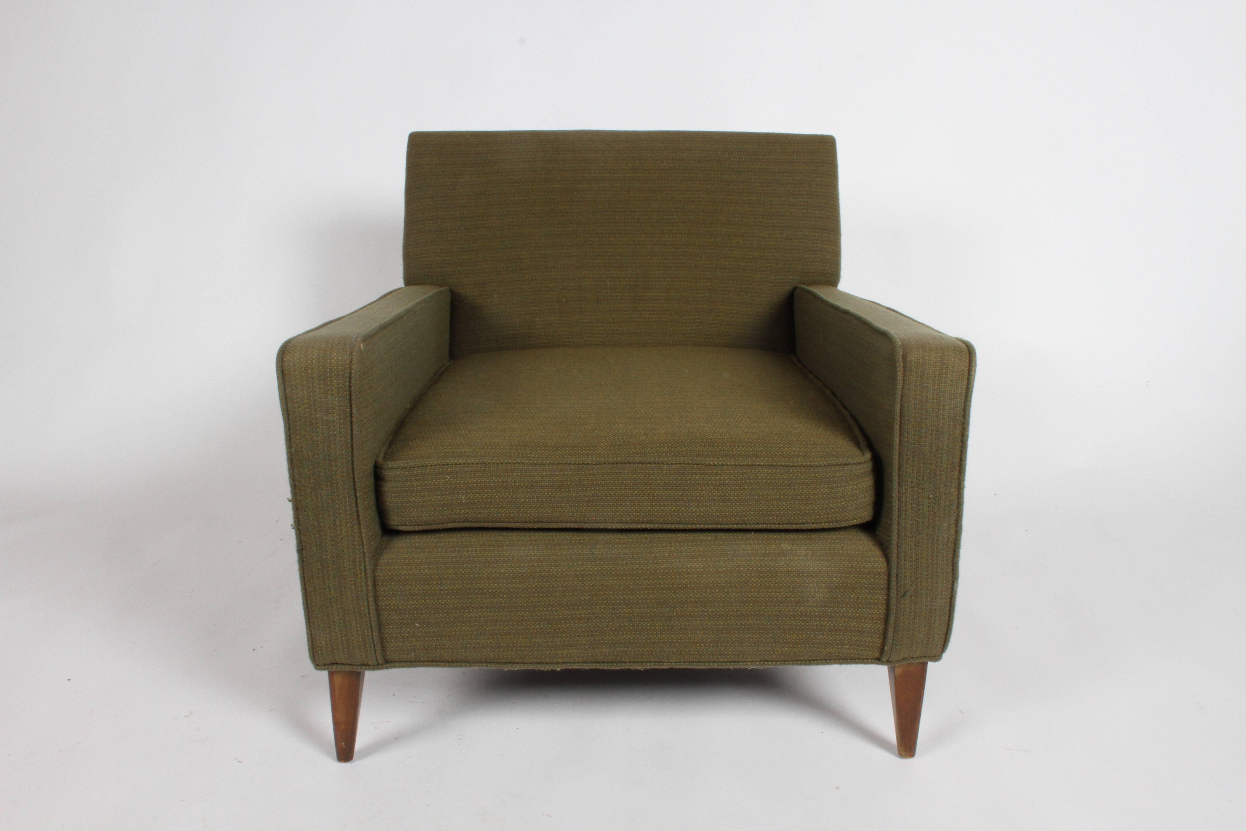 Pair of Mid-Century Modern Paul McCobb for Planner Group single club chair. Vintage fabric, foam is good, but should be updated when you reupholster. Legs to be refinished prior to shipping. Inquire for re-upholstery cost. Also, forgot back pillow