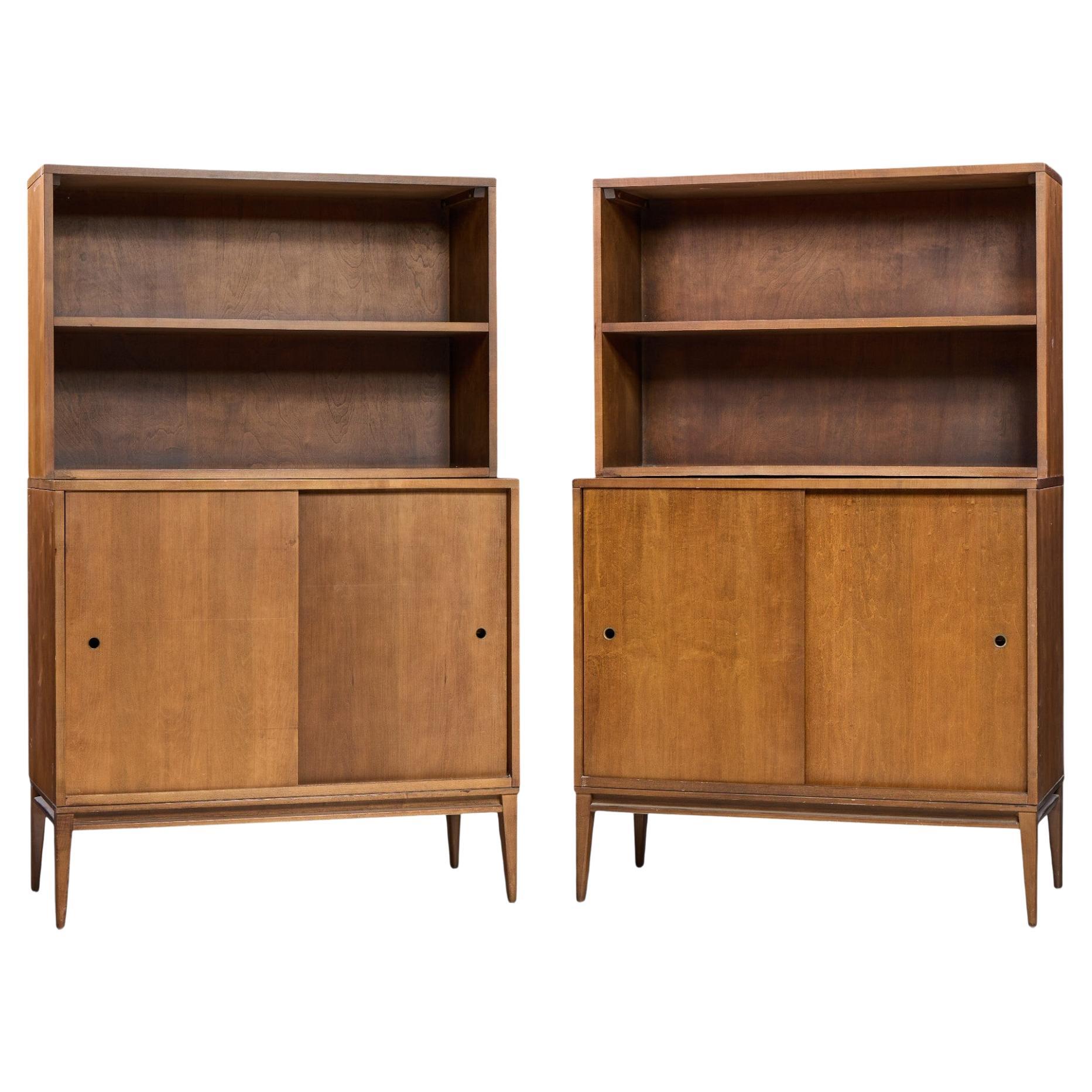 Paul McCobb for Planner Group Mid Century Sliding Door Cabinet with Hutch - Pair