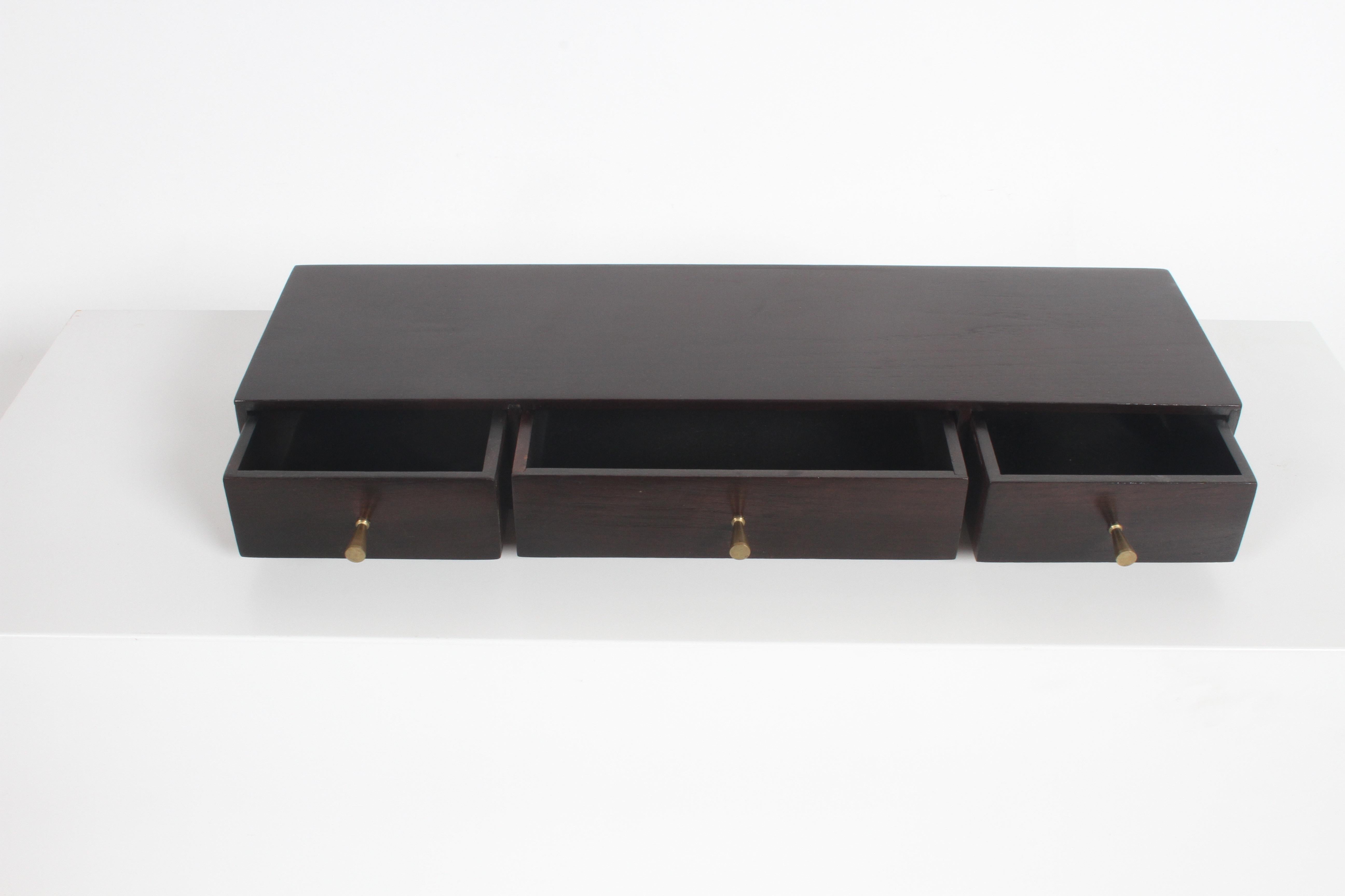 Midcentury Paul McCobb for Winchendon jewelry chest for top of dresser. Refinished, has classic McCobb brass tapered pulls and three drawers.