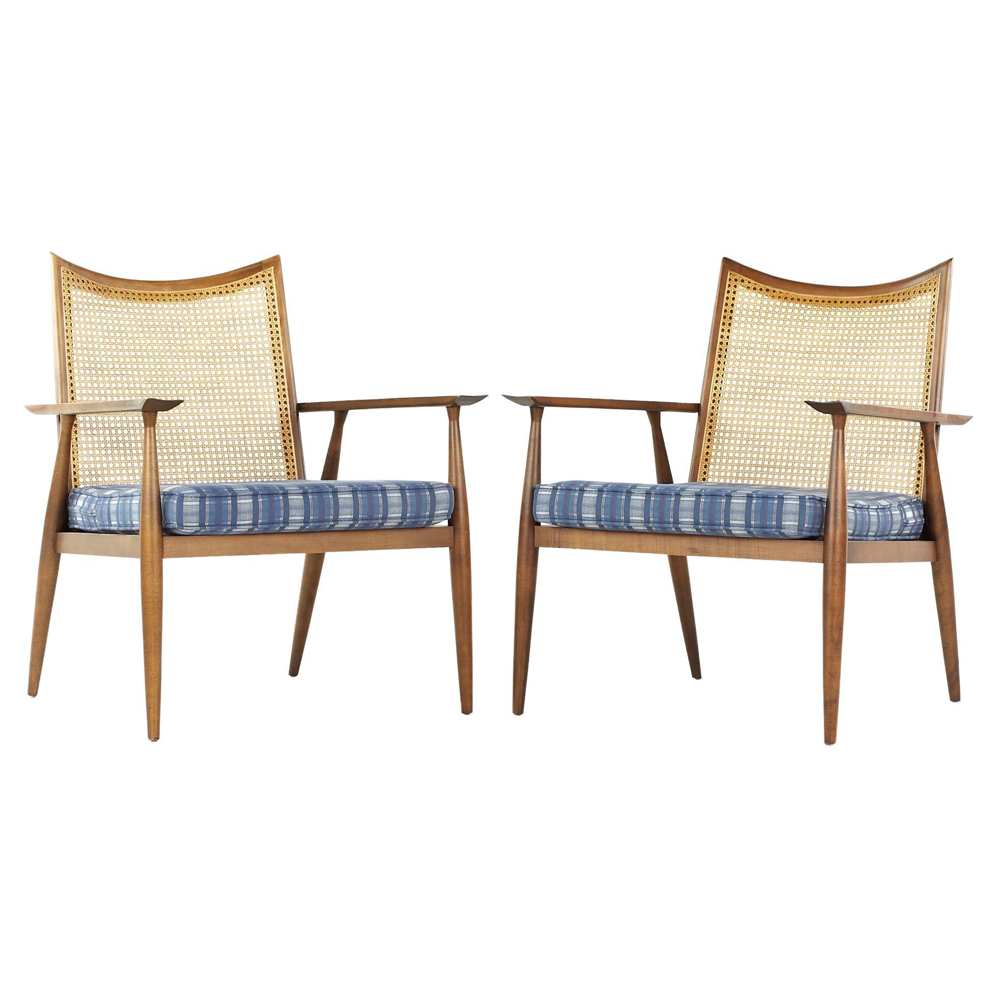 Paul McCobb for Winchendon Mid-Century Cane and Walnut Lounge Chairs, Pair
