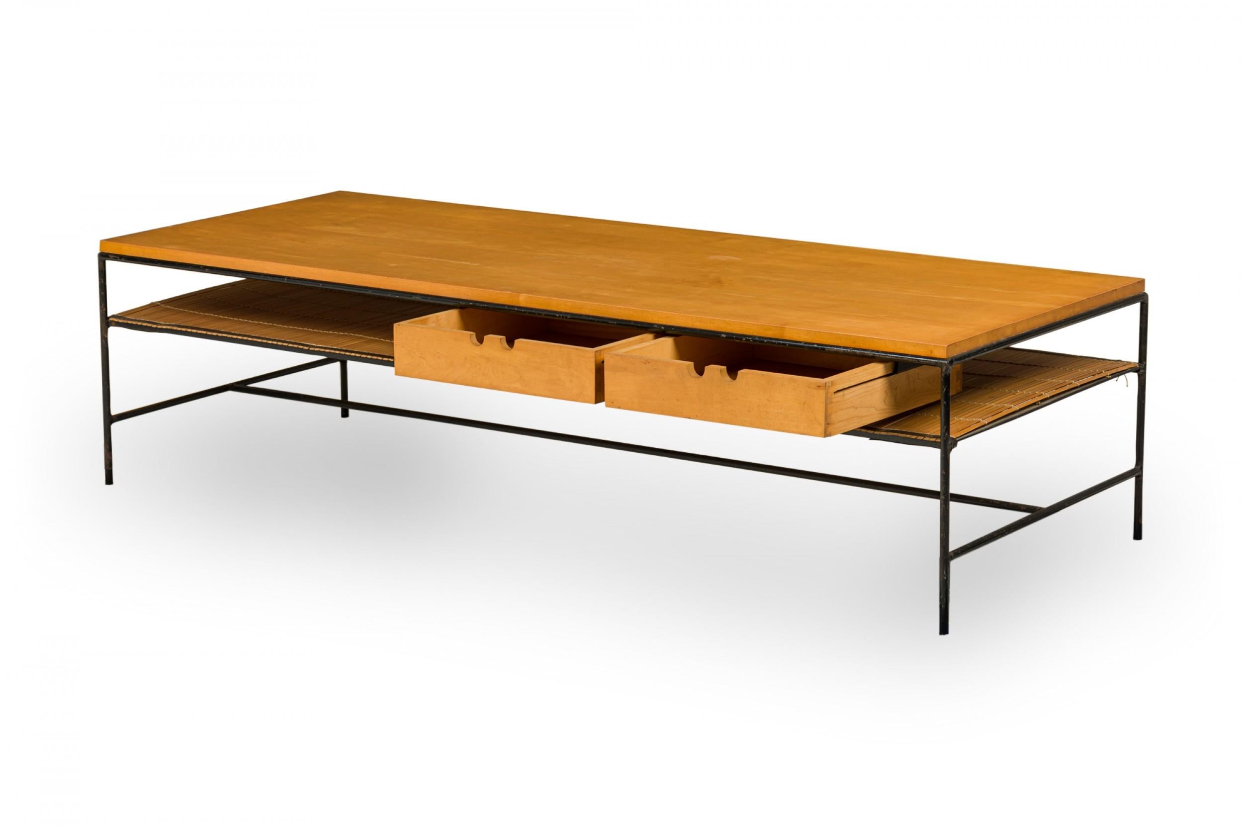 20th Century Paul McCobb for Winchendon 'Planner' Blond Wood and Iron Two Drawer Coffee Table For Sale