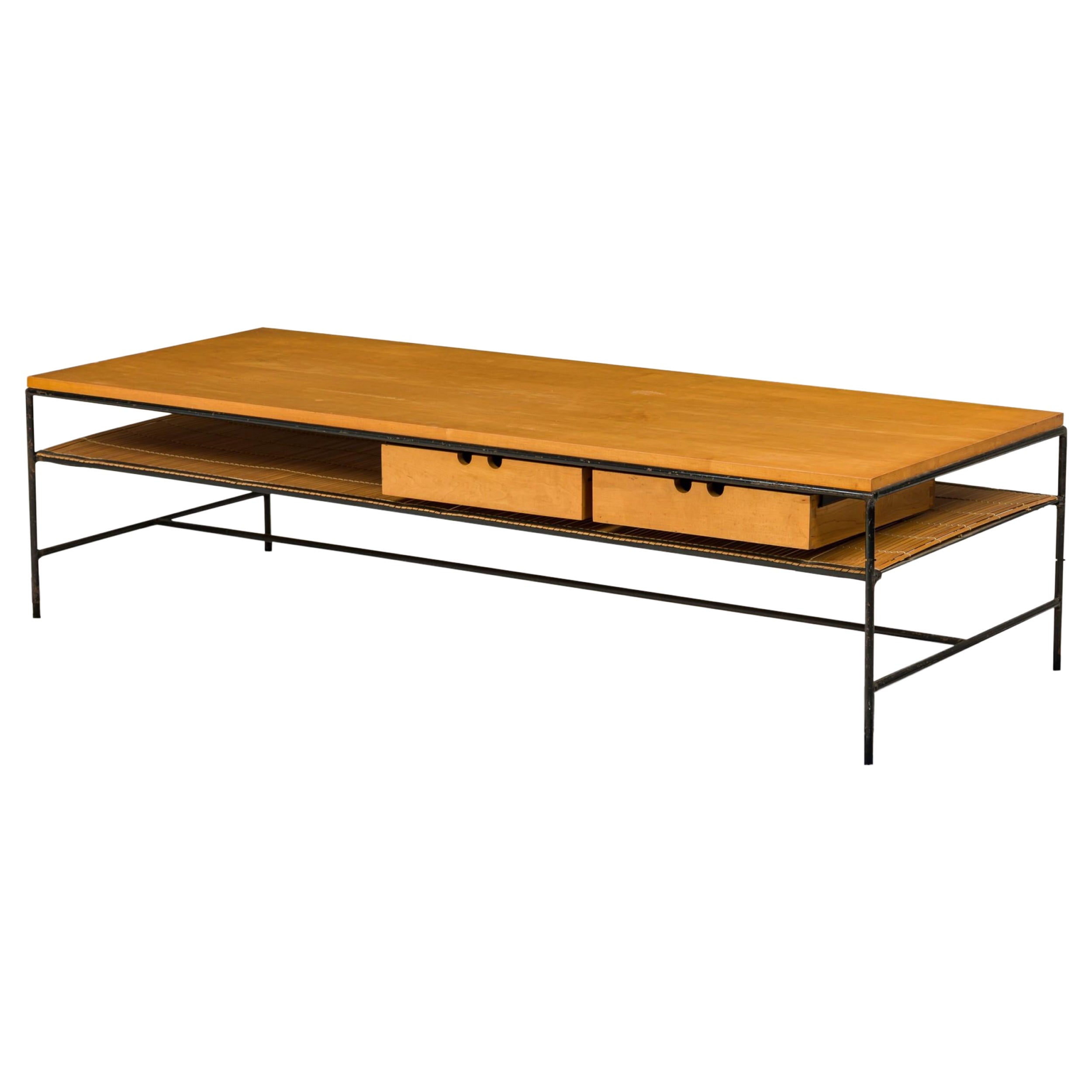 Paul McCobb per Winchendon Tavolino a due cassetti in legno biondo e ferro 'Planner'