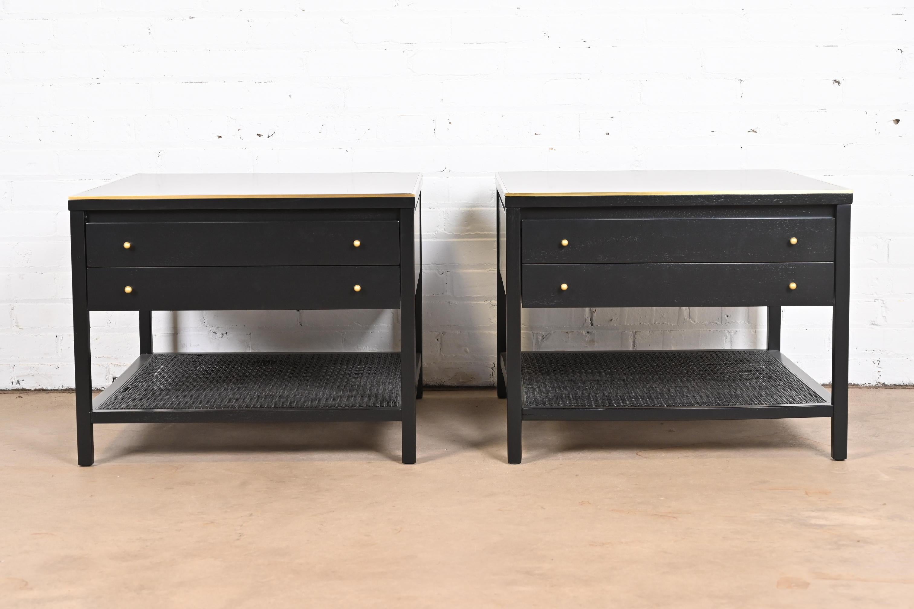 Mid-Century Modern Paul McCobb Irwin Collection Black Lacquer and Brass End Tables or Nightstands For Sale