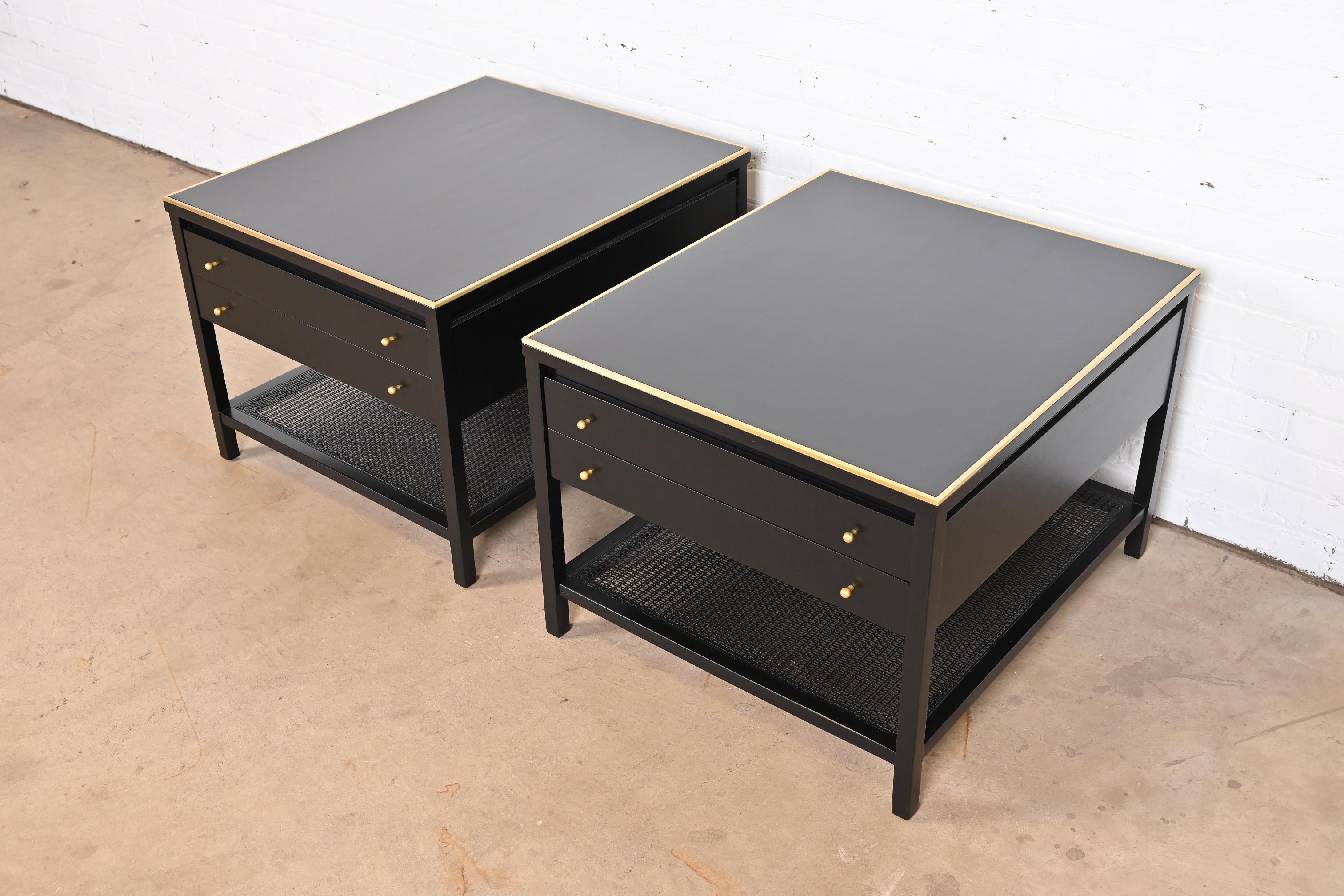 American Paul McCobb Irwin Collection Black Lacquer and Brass End Tables or Nightstands For Sale
