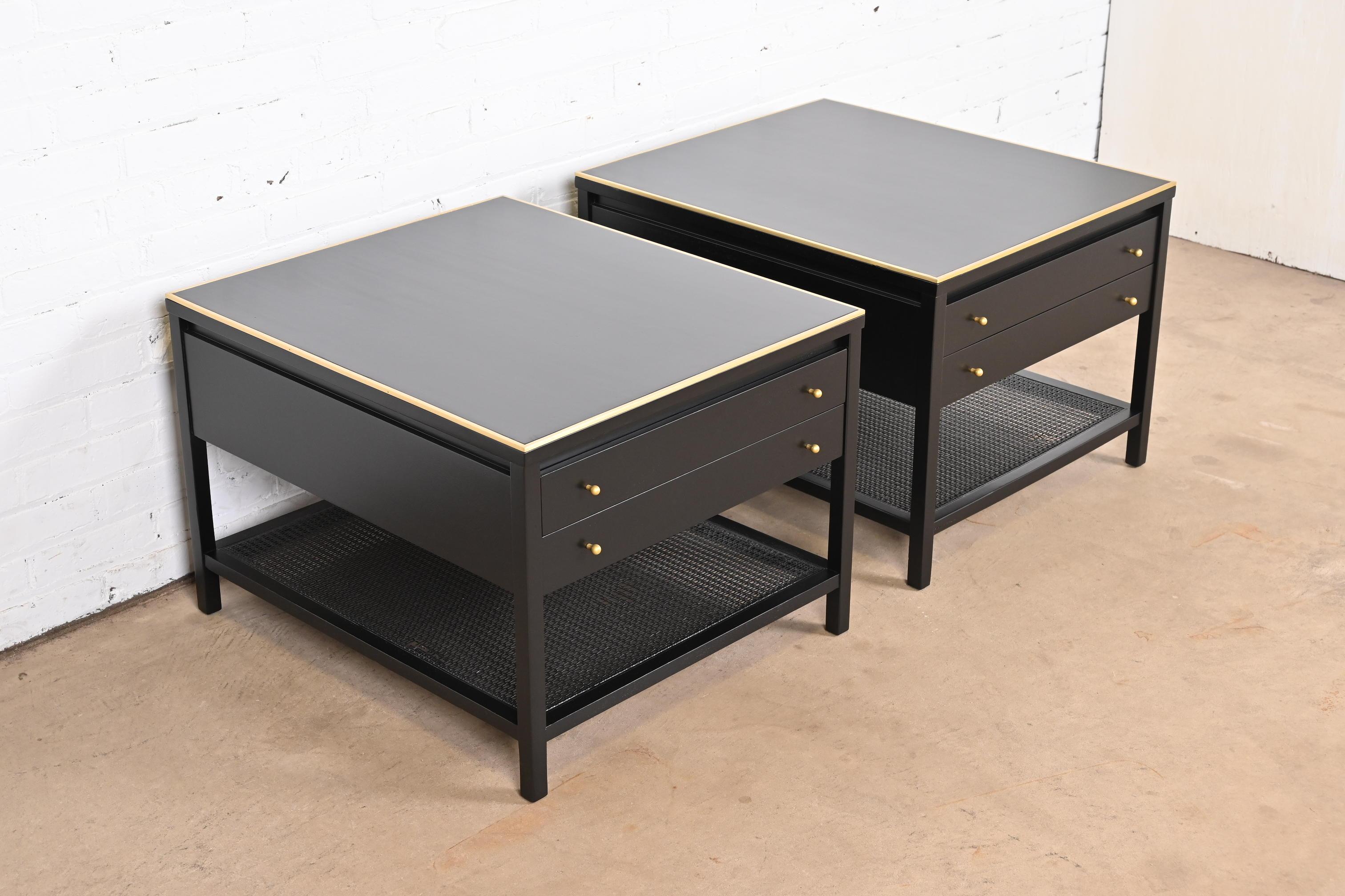 Mid-20th Century Paul McCobb Irwin Collection Black Lacquer and Brass End Tables or Nightstands For Sale