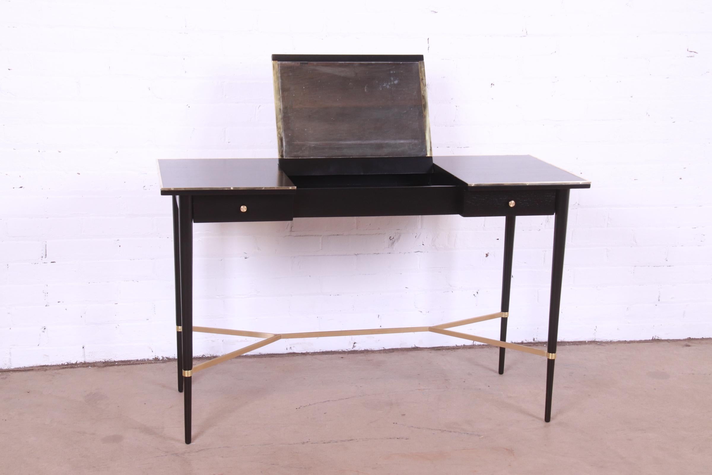 Paul McCobb Irwin Collection Black Lacquer and Brass Lift-Top Vanity, Refinished 4