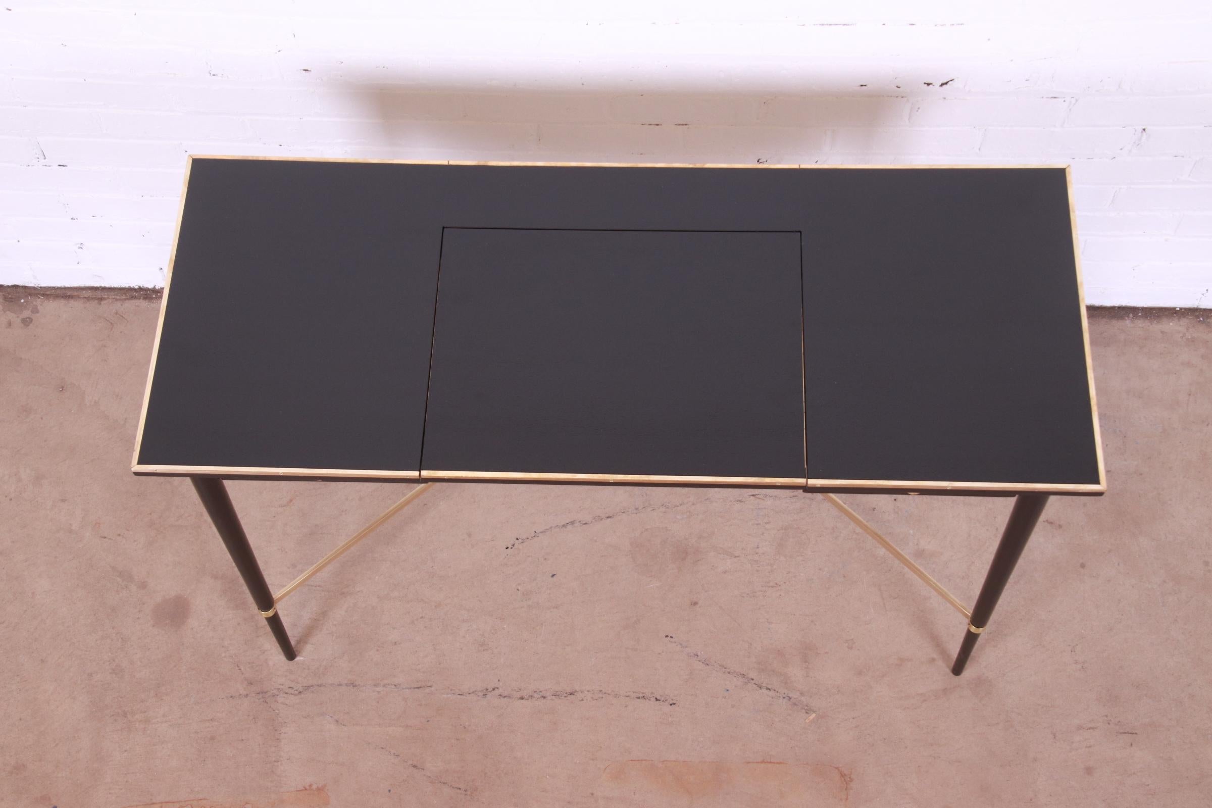 Paul McCobb Irwin Collection Black Lacquer and Brass Lift-Top Vanity, Refinished 2