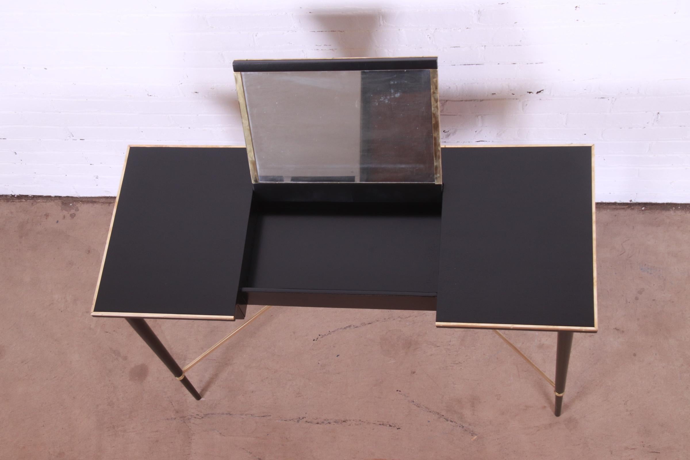 Paul McCobb Irwin Collection Black Lacquer and Brass Lift-Top Vanity, Refinished 3