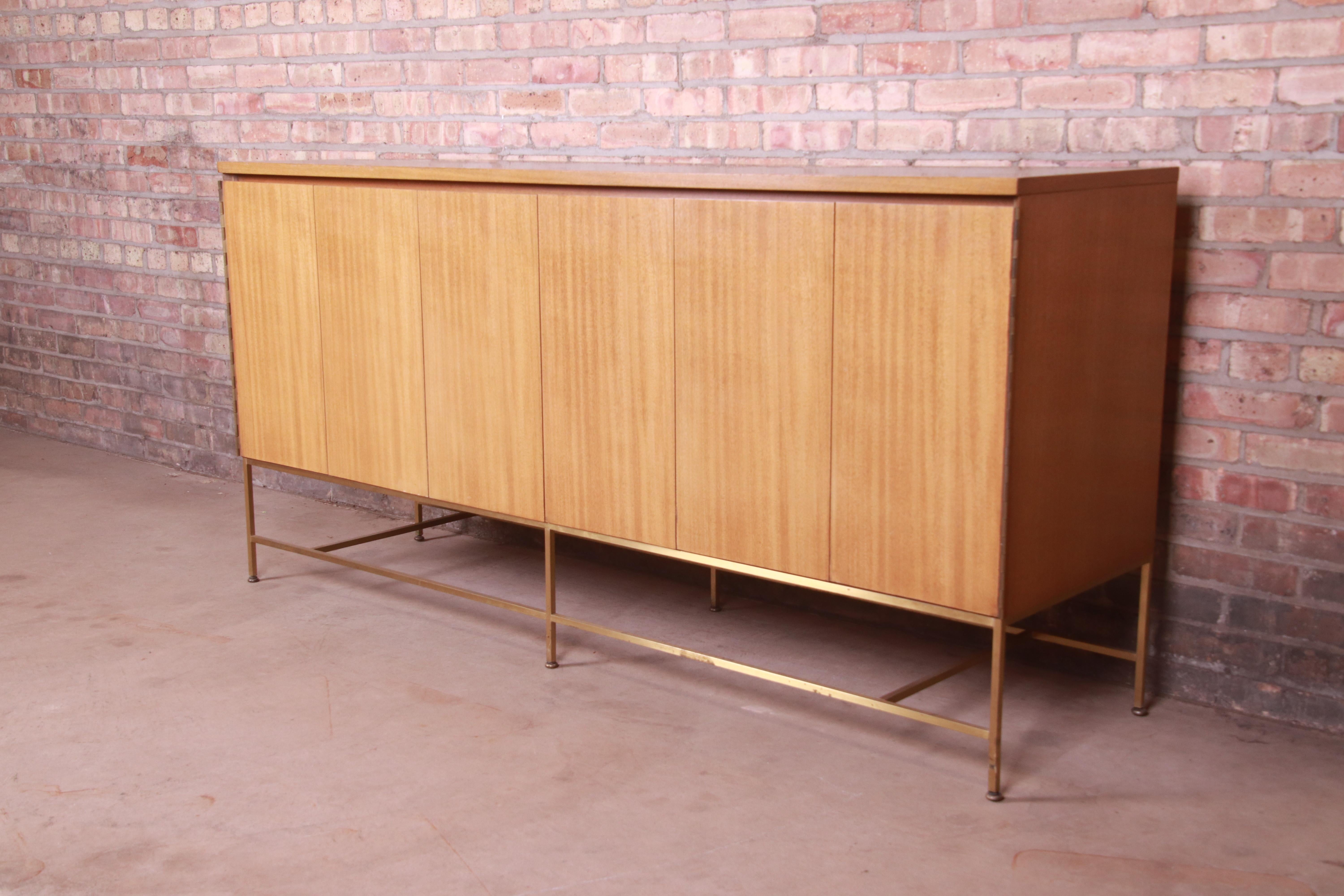 American Paul McCobb Irwin Collection Bleached Mahogany and Brass Credenza or Bar Cabinet