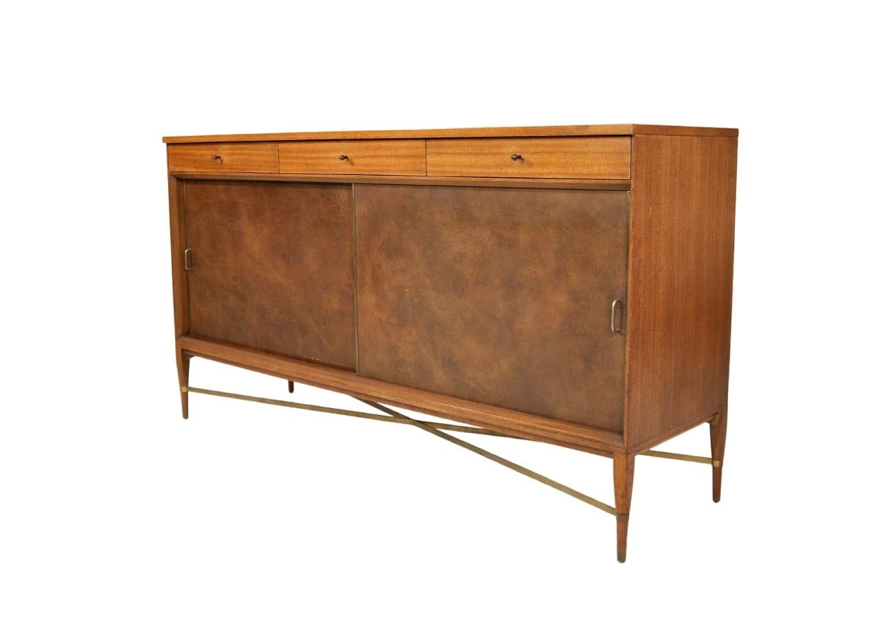 Mid-Century Modern Paul McCobb Irwin Collection Brass and Leather Credenza by Calvin For Sale