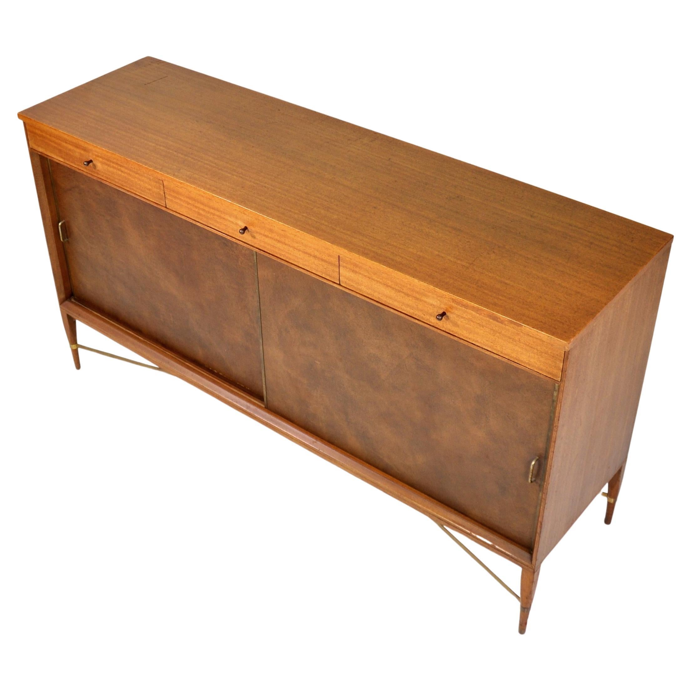Mahogany Paul McCobb Irwin Collection Brass and Leather Credenza by Calvin For Sale