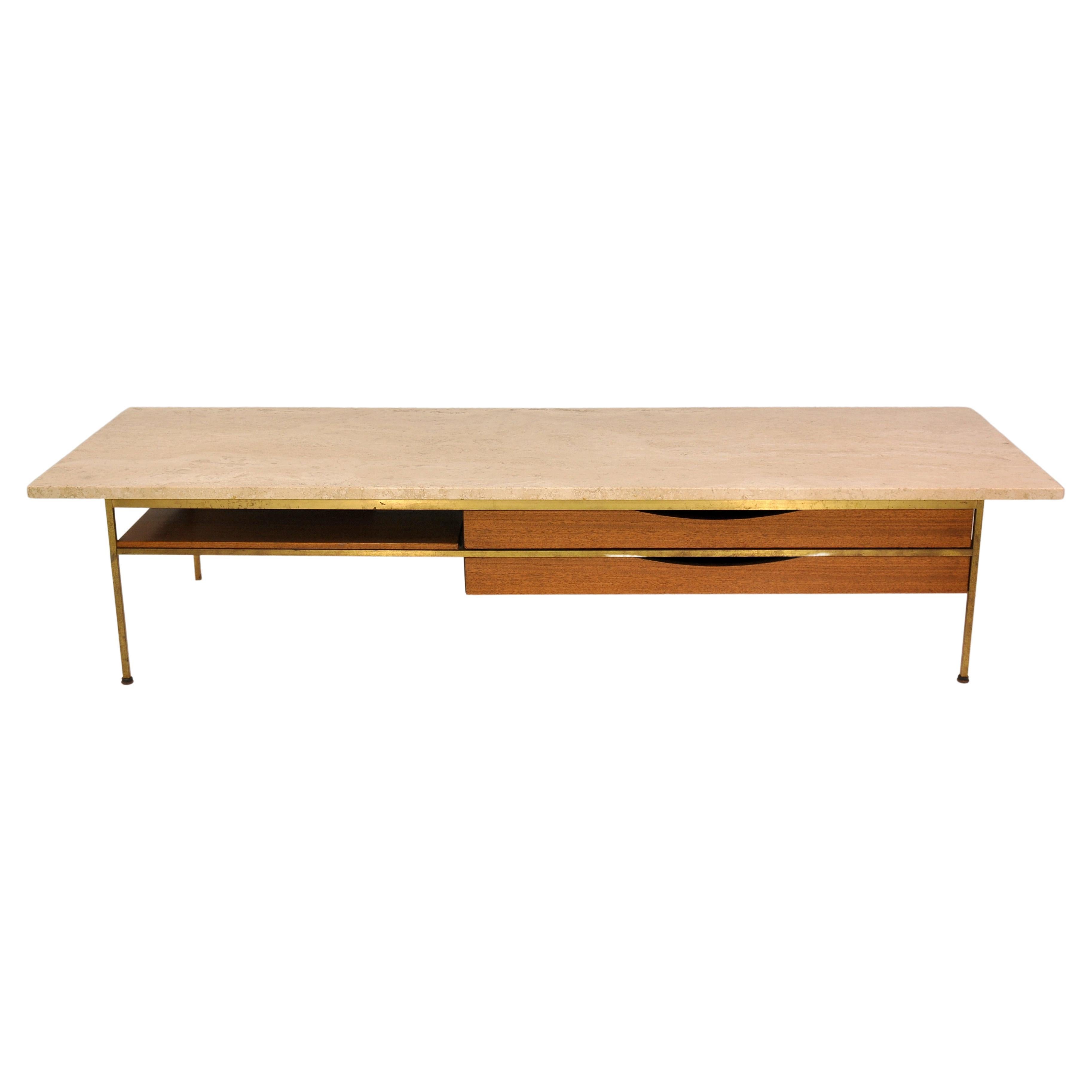 All original Paul McCobb mahogany and brass cocktail table model 8706 with travertine marble top from the Irwin Collection by Calvin Furniture, which is part of the work the designer created for Directional. The mid-century modern table features: