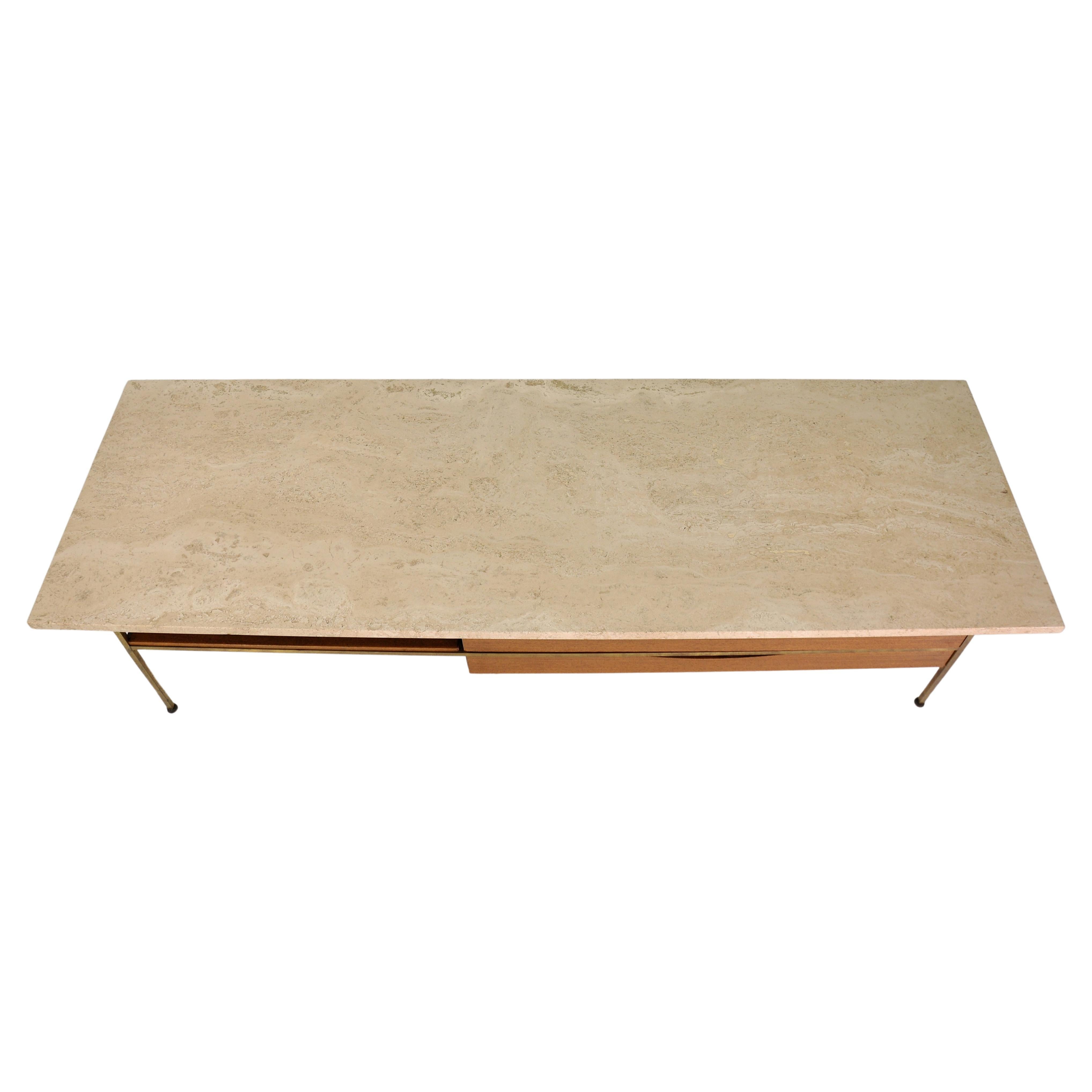 Mid-Century Modern Paul McCobb Irwin Collection Brass and Travertine Coffee Table by Calvin