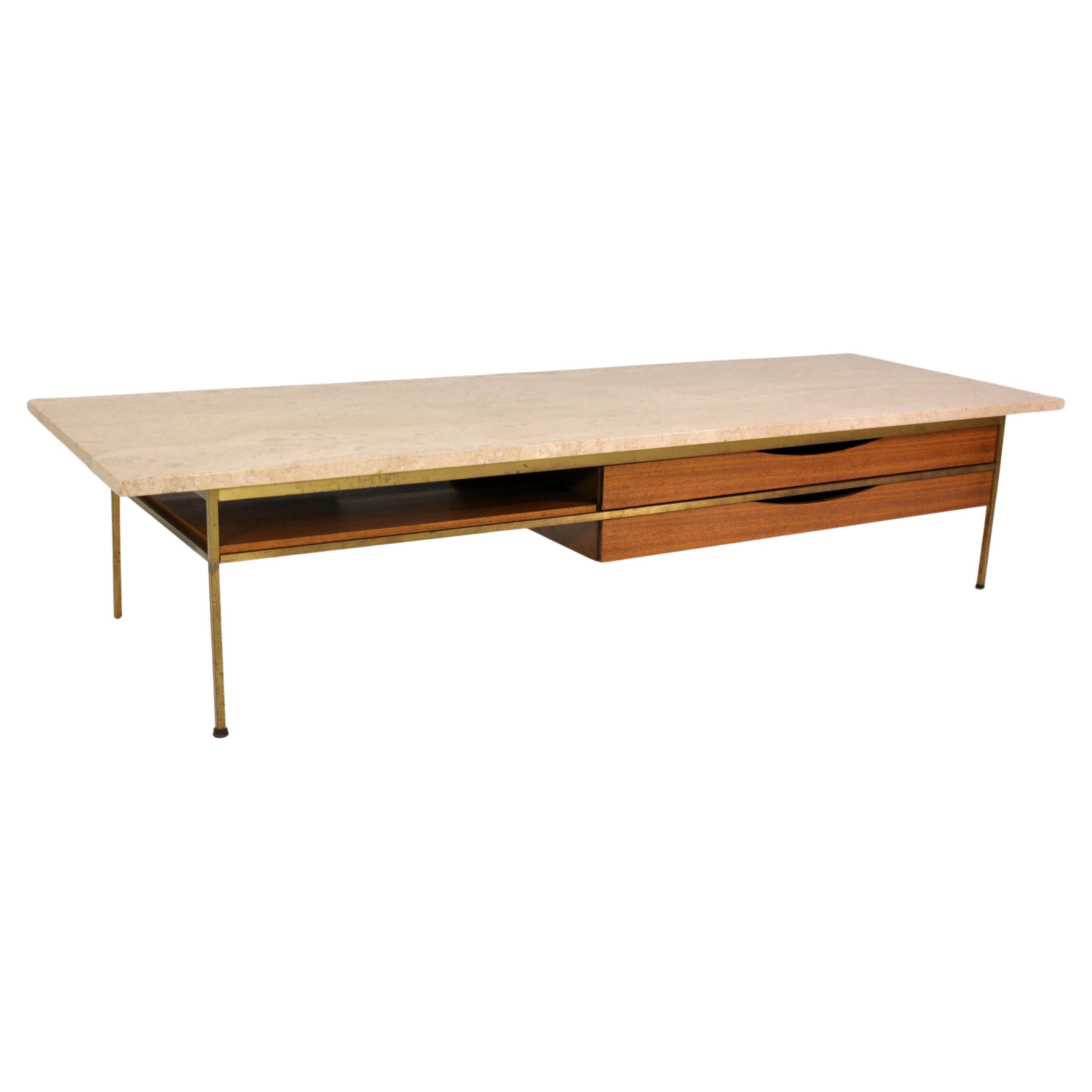 American Paul McCobb Irwin Collection Brass and Travertine Coffee Table by Calvin