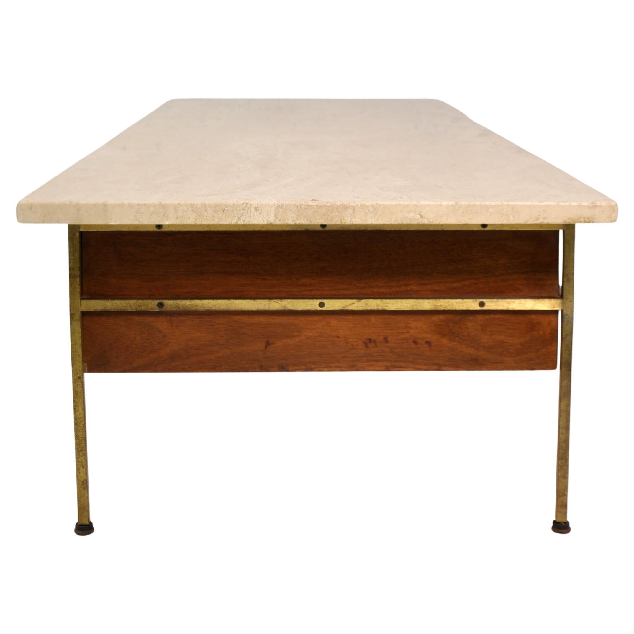 Mid-20th Century Paul McCobb Irwin Collection Brass and Travertine Coffee Table by Calvin