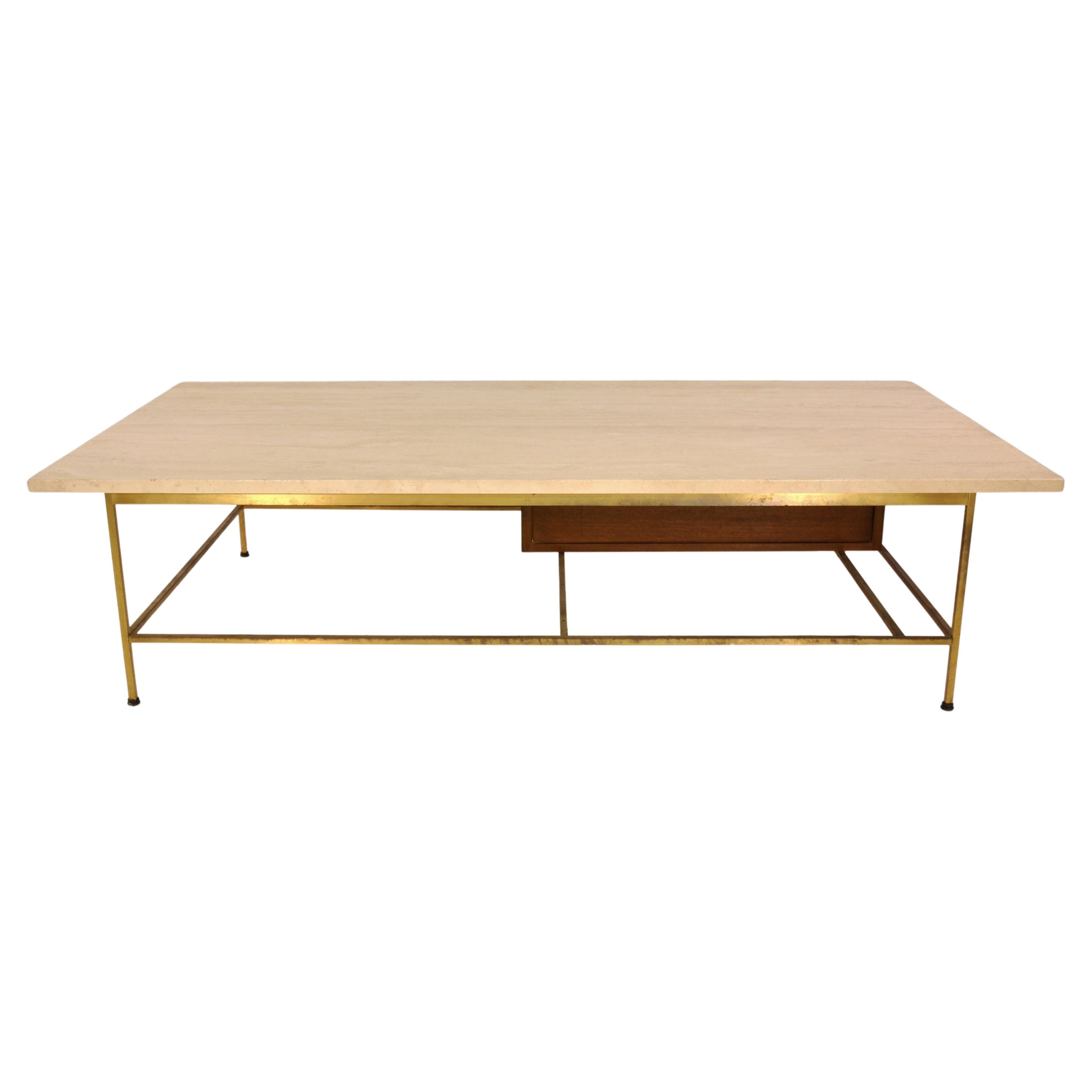 Mid-20th Century Paul McCobb Irwin Collection Brass and Travertine Coffee Table by Calvin For Sale
